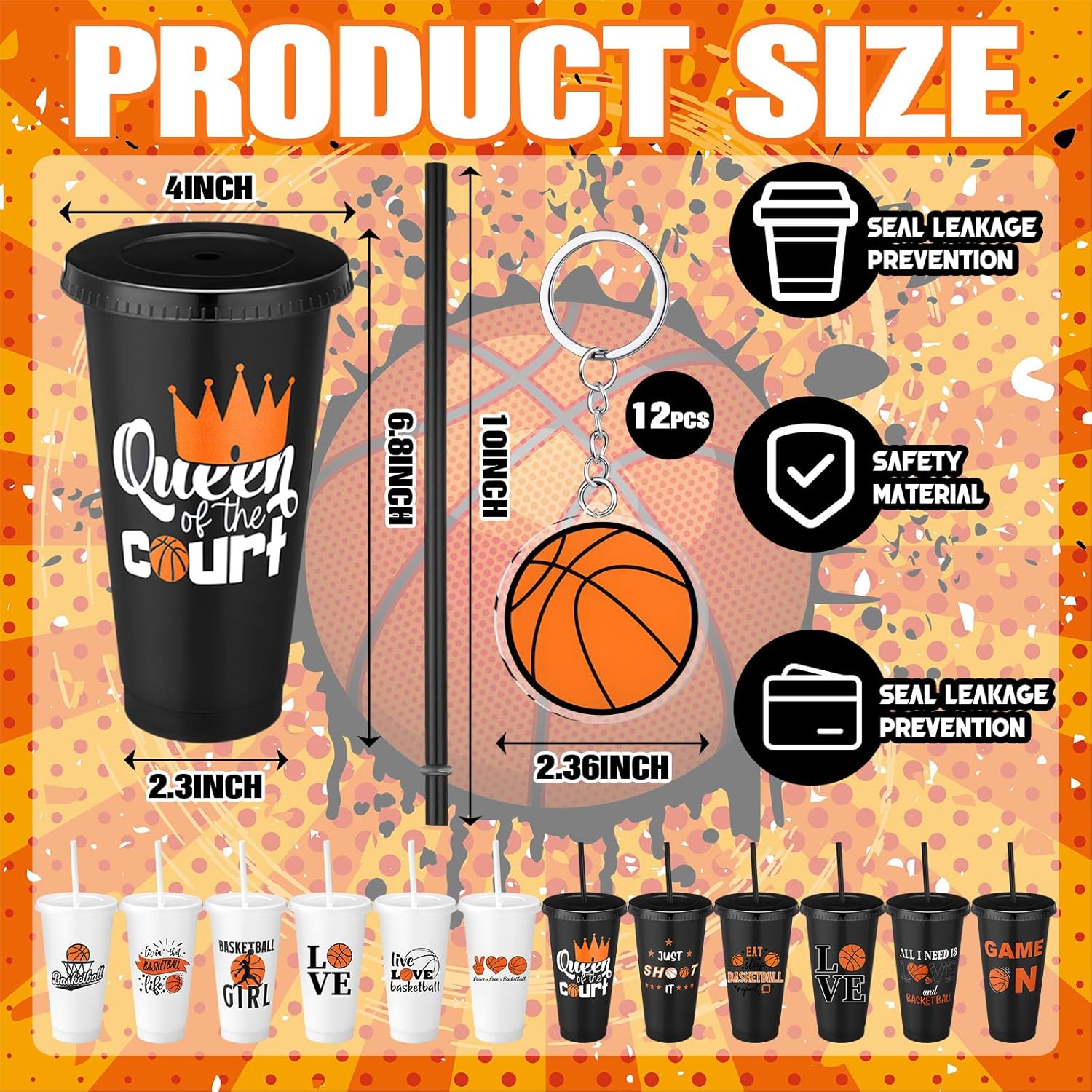 Nuogo 24 Pcs Basketball Cups Party Favor 12 Basketball Plastic Reusable Tumbler with Lid and Straw 12 Acrylic Keychain Bulk for Team Fan Birthday Sport Lovers Gifts Party Supplies