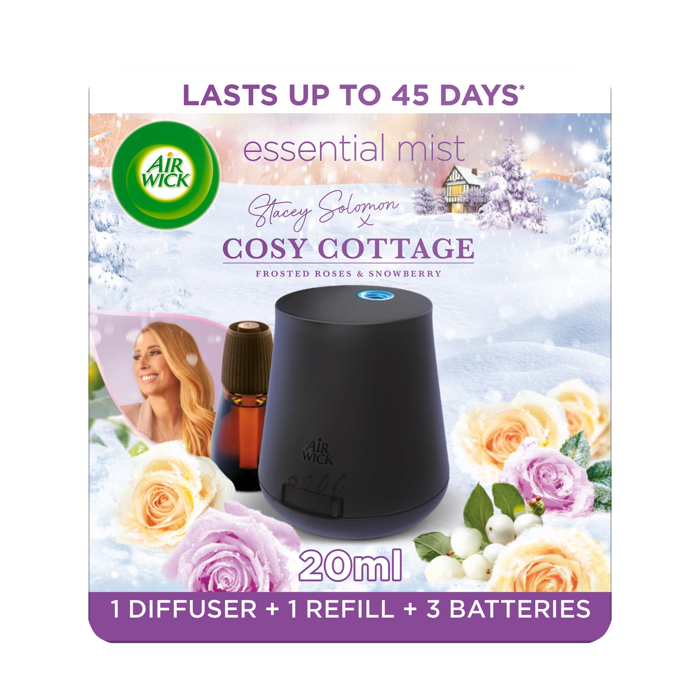 Airwick Air Wick |Cosy Cottage - Frosted Roses & Snowberry|Essential Mist Aroma Kit |1 x 20ml |1x Diffuser & 1 Bottle|Natural Essential Oils