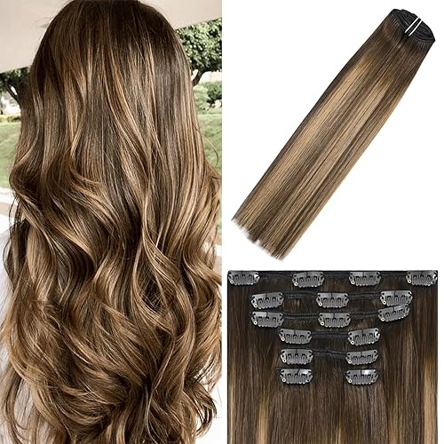 Extensiones de cabello humano con pinzas, color castaño chocolate a rubio oscuro con balayage y reflejos, para cabello castaño, 2.47onzas, N.