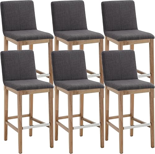 chairus Juego de 2 taburetes de bar altos de tela, taburetes de bar tapizados de lino con patas y respaldo de madera maciza para cocina, isla de