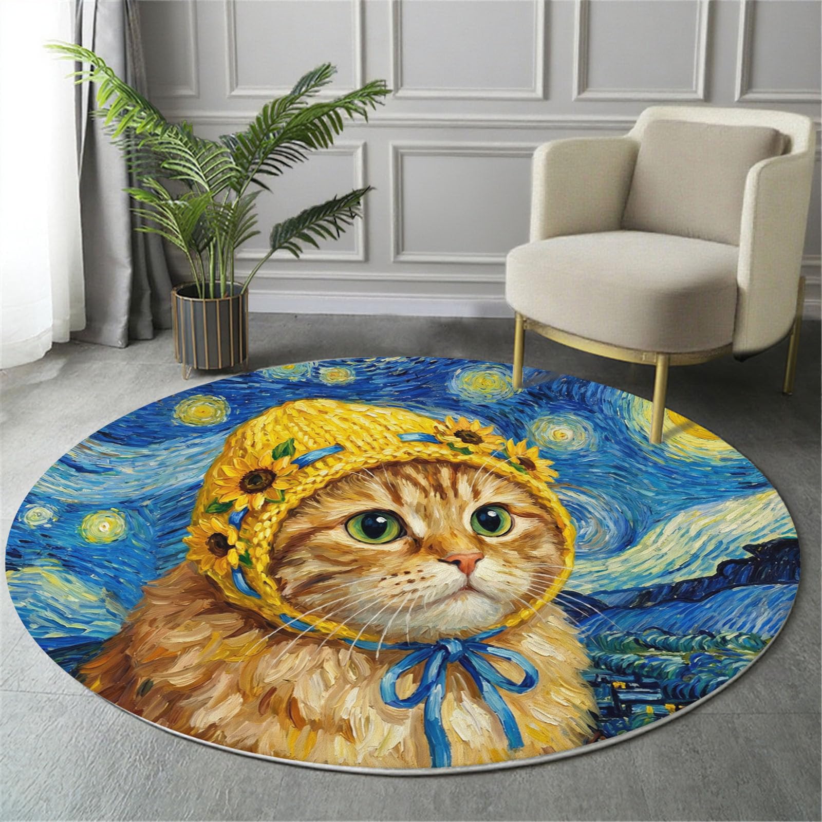 Tapis Rond Salon Lavable Peintures Humoristiques À L'Huile Animaux 100 Cm | Chats Ciel Étoilé Bleu Marine Tapis De Sol Décoration Antidérapant Pour Chambre Cuisine Salle À Manger