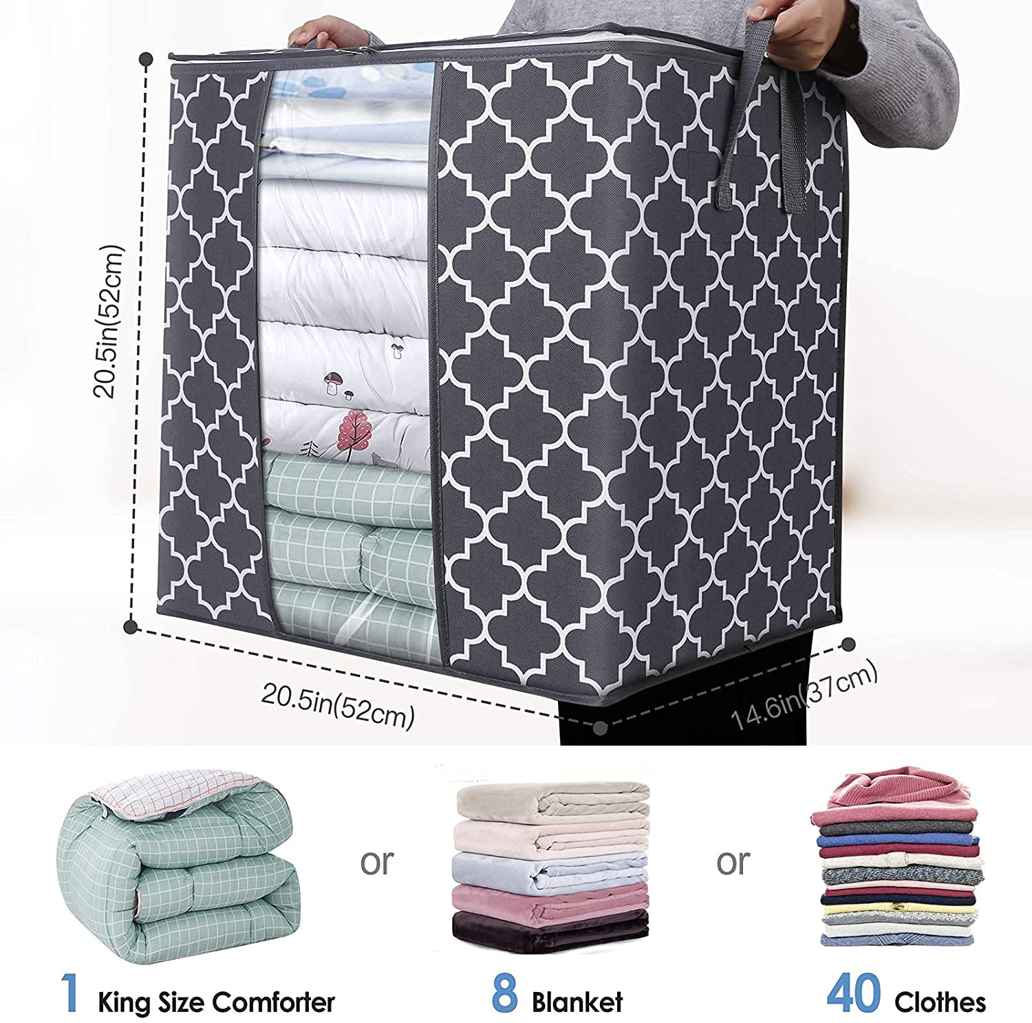 IMMEK 3-Pack Large Storage Bags 100L Each - Foldable, Clear Window, Reinforced Handles, For Bedding & Clothes (52x52x37cm)