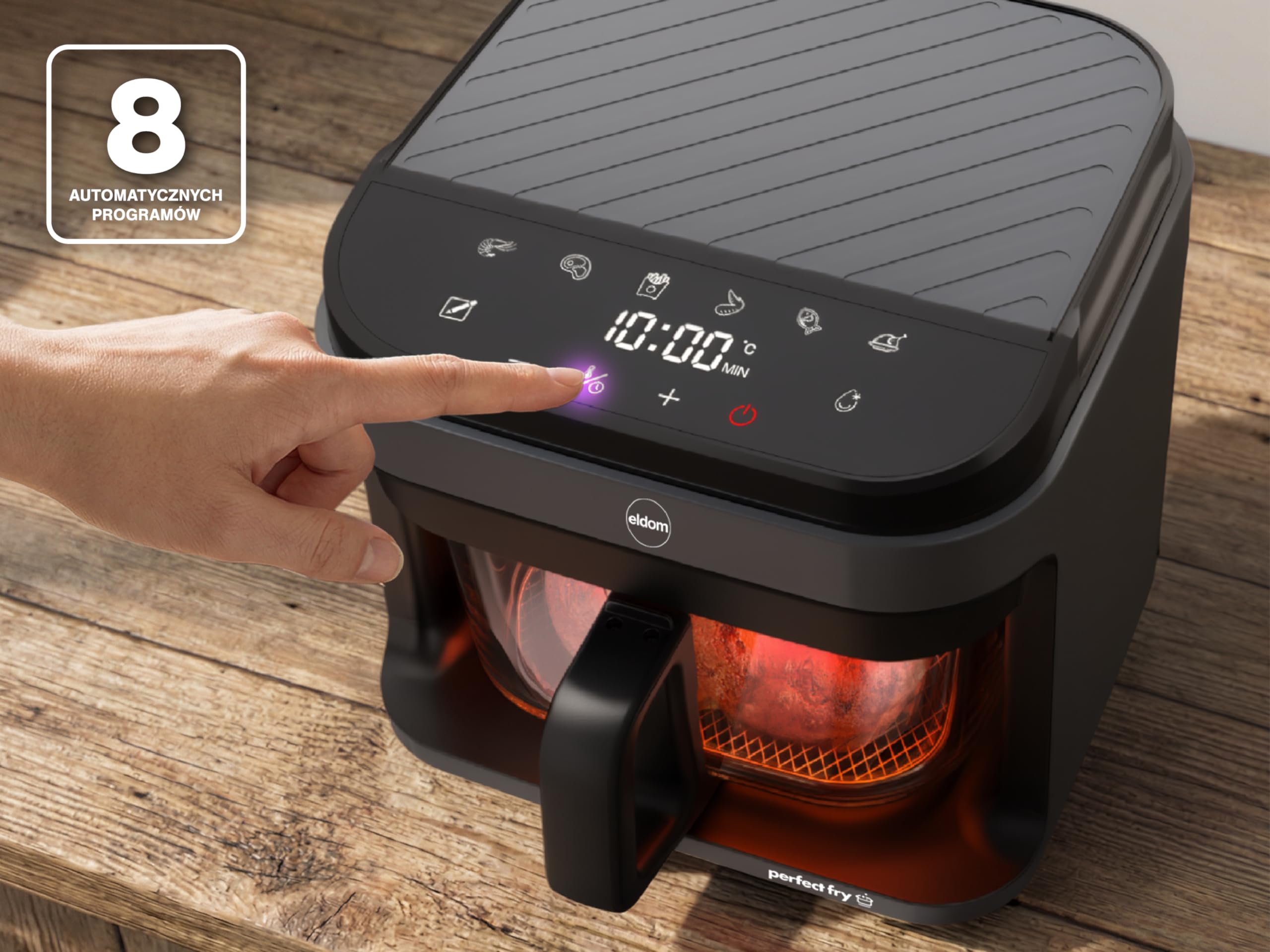 Freidora de aire caliente, 5,5 L, con recipiente de cristal, airfryer sin aceite, 1200 W, 8 programas, descongelación, pantalla táctil LED, 40 – 200 °C, incluye rejilla y alfombrilla de silicona