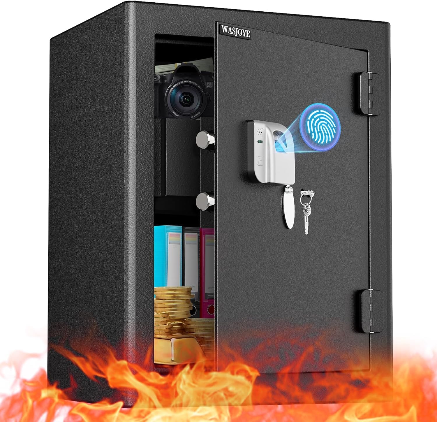 WASJOYE 指紋認証式 金庫 耐火引き出し内蔵 火災対策金庫 家庭用 業務