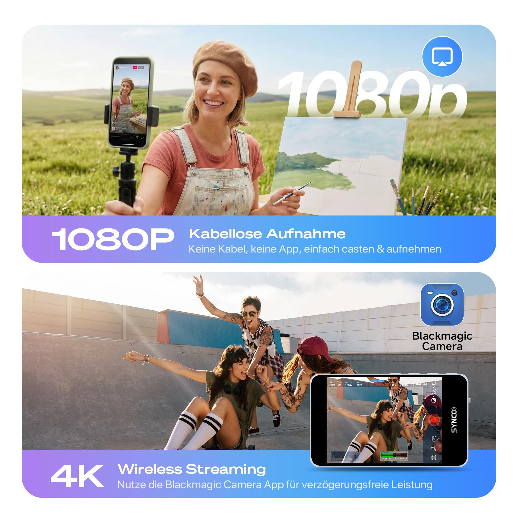 SYNCO XView Monitor Selfie Touchscreen per iPhone 7-17(Blu) | Wireless 50m, Batteria 3H, Supporto 4K/1080p, P2P Diretto, Selfie con Fotocamera Posteriore per Vlog, TikTok & YouTube