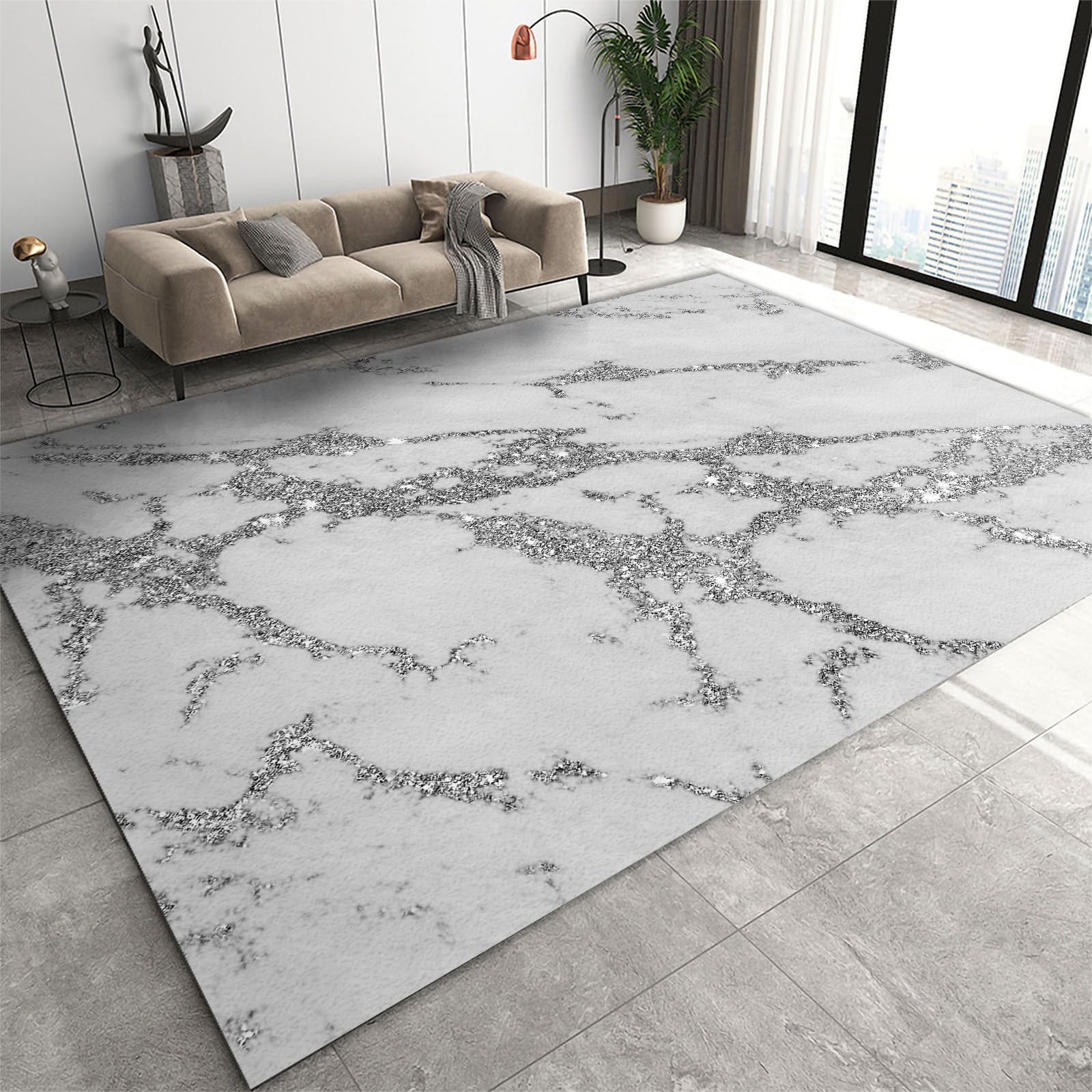 LACEABI Gray Marble Area Rug, Silver Glitter Texture Indoor Kids Rugs, with Non Slip Backing Washable Rug for Living Room Bedroom Dining Room