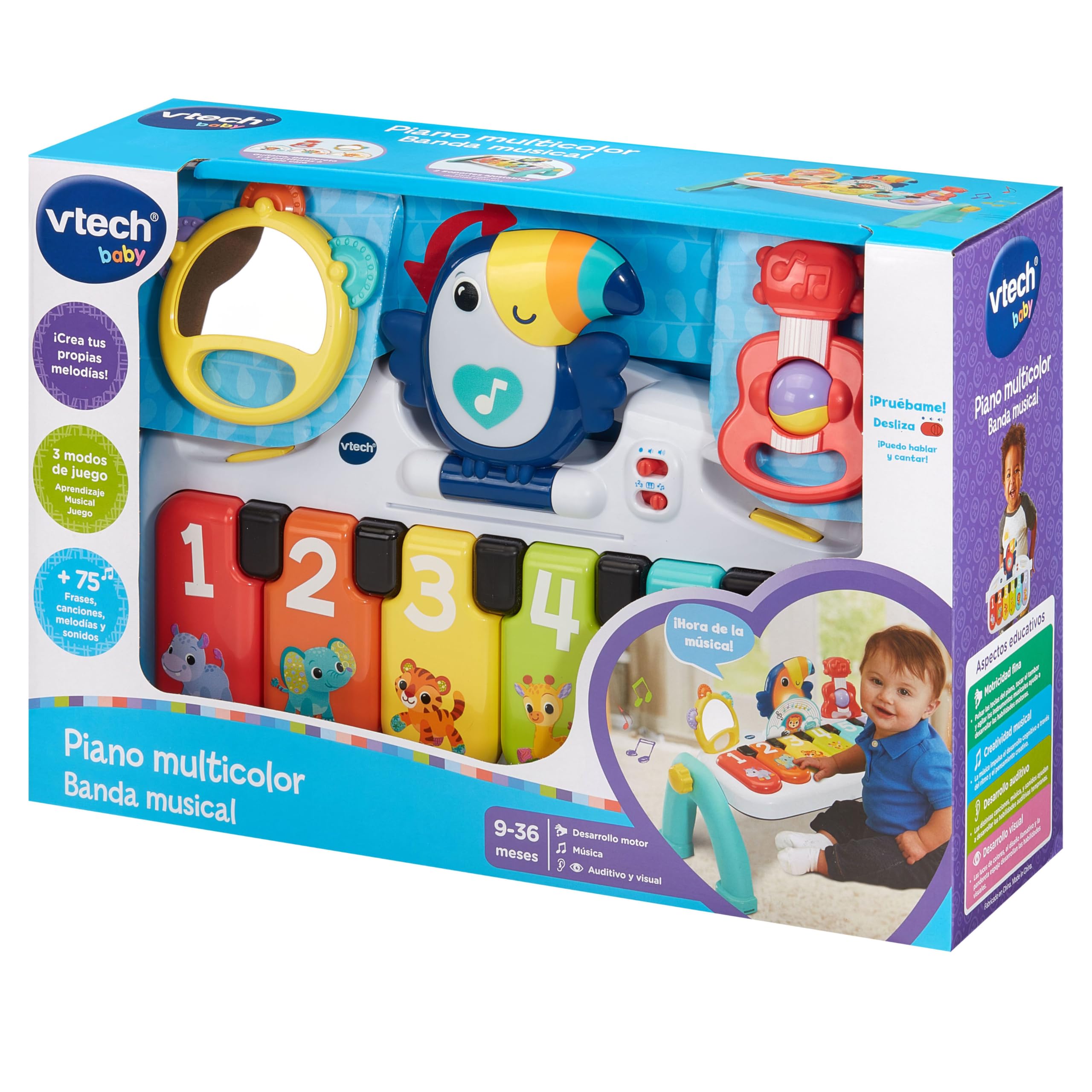 VTech-Baby Piano Multicolor Banda Musical, Juguete bebés +9 Meses, Piano Interactivo Desmontable, Evolutivo, Teclas con Luces y Sonidos, Enseña Números, Colores y Animales, Versión ESP