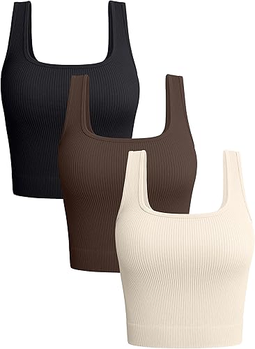 OQQ - 3 Camisetas ombligueras sin mangas para mujer, acanaladas, sin costuras, para entrenamiento, ejercicio, yoga