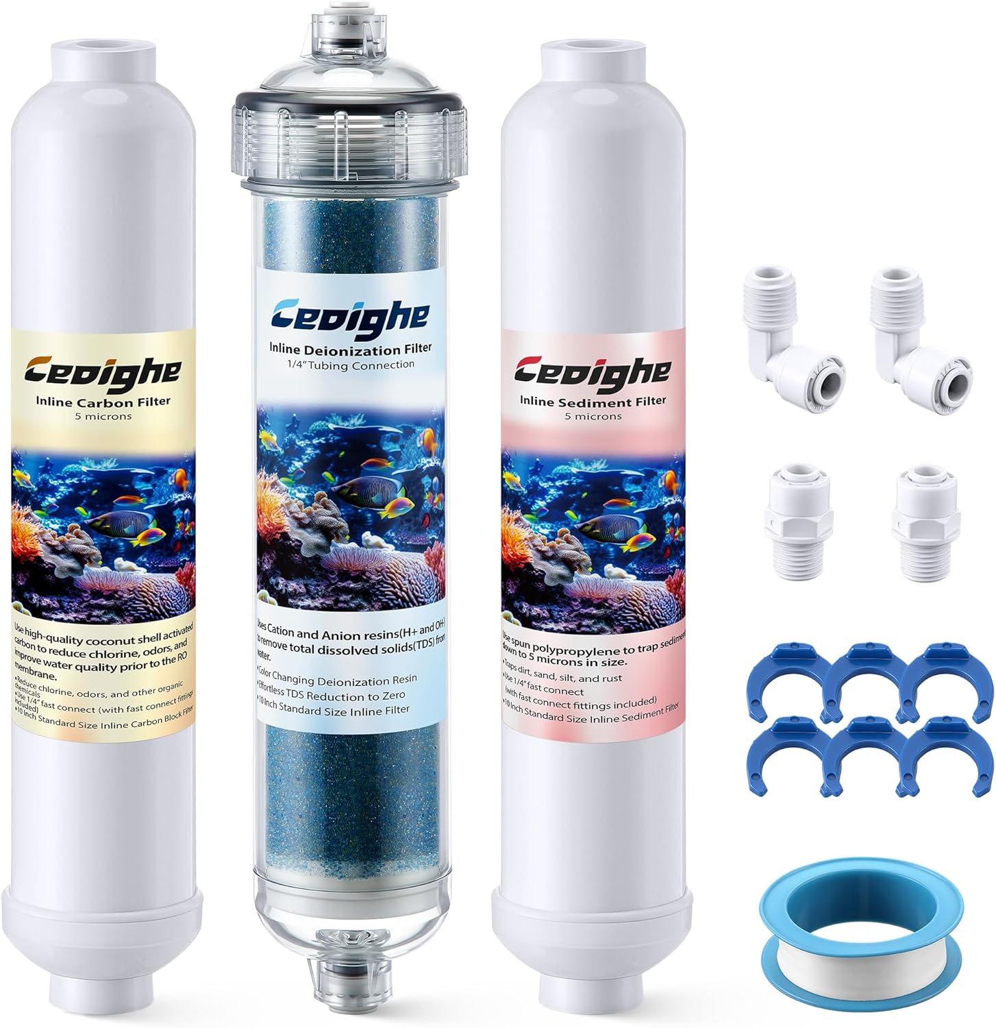 3 Pack Aquarium Filter Replacement Cartridge Set Compatible with AquaticLife RO Buddie, Inline Cartridges for Clear, Include Sediment, Carbon Block, Color Changing DI Resin and Quick Couplings
