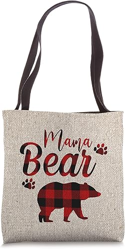 Burlap Mama Bear Red Plaid Día de la Madre para Mamá Bolsa de mano Blanco 16 pulgadas