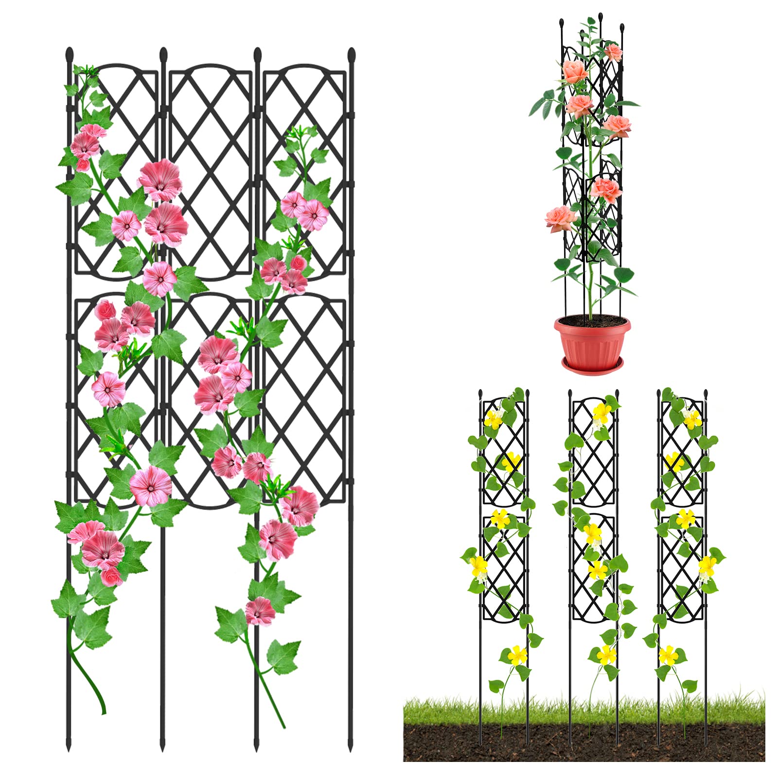 HASTHIP® Garden Trellis for Climbing Plants, 6Pcs Interlocking Plant Creeper Support Stakes Weather for Vines, Roses, Clematis - Trellis for Flower Pots, Balcony & Vertical Gardens (46.5x90cm)
