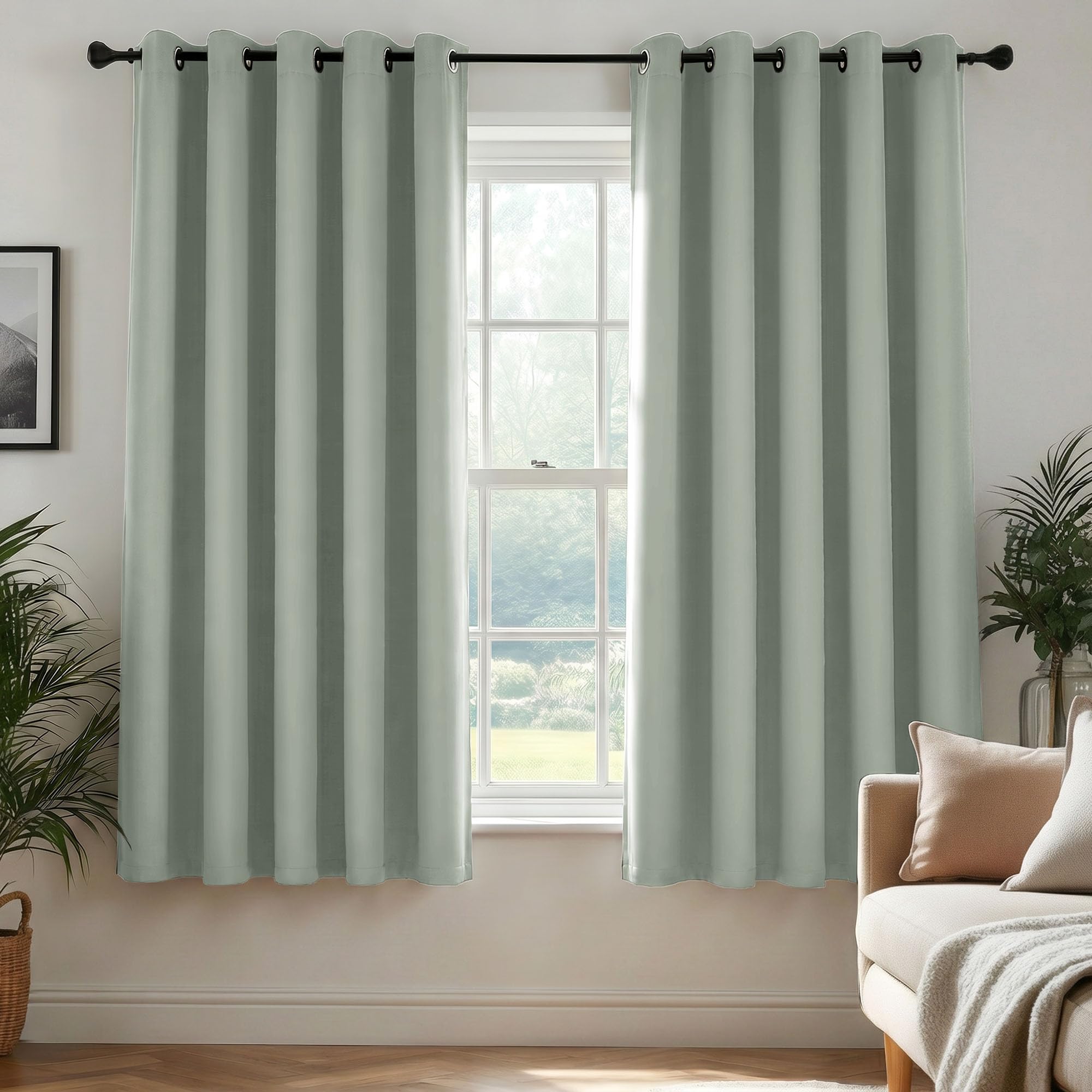 Deconovo Sage Green Blackout Curtains Eyelet, Thermal Insulated Energy Saving Curtains for Bedroom Living Room, OEKO-TEX Certified, W 66 x L 54 Inch, 1 Pair
