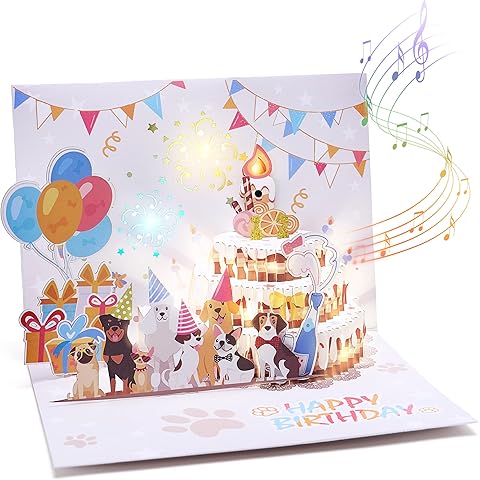Dog Birthday Cards 3D Pop up Greeting Card with Lights & Woof Music & Blowable Cand...