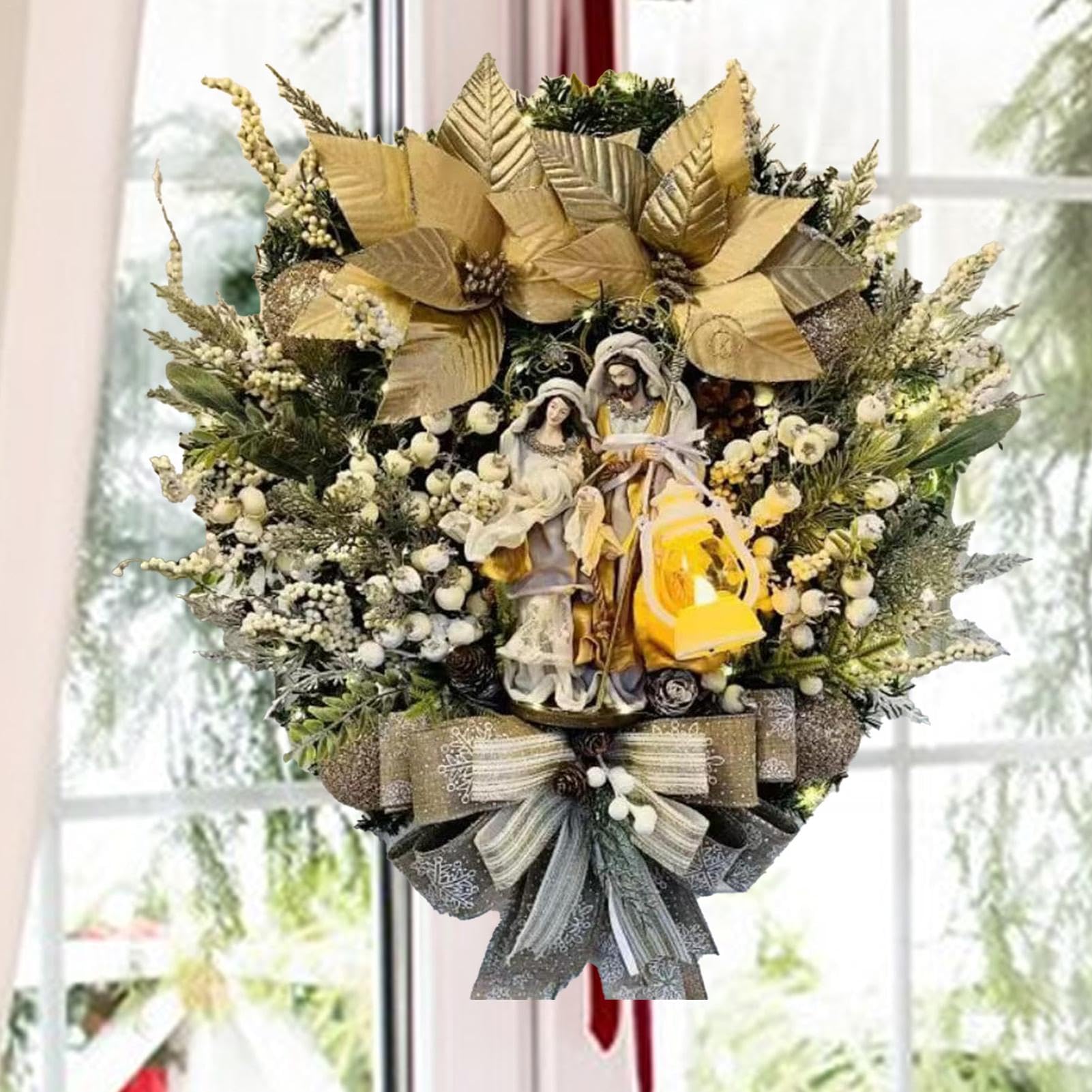 Couronne de Noël éclairée, Guirlande de Sainte, Crèche de Noël éclairée, décorations de Porte pour l'extérieur, la Maison, Les Vacances