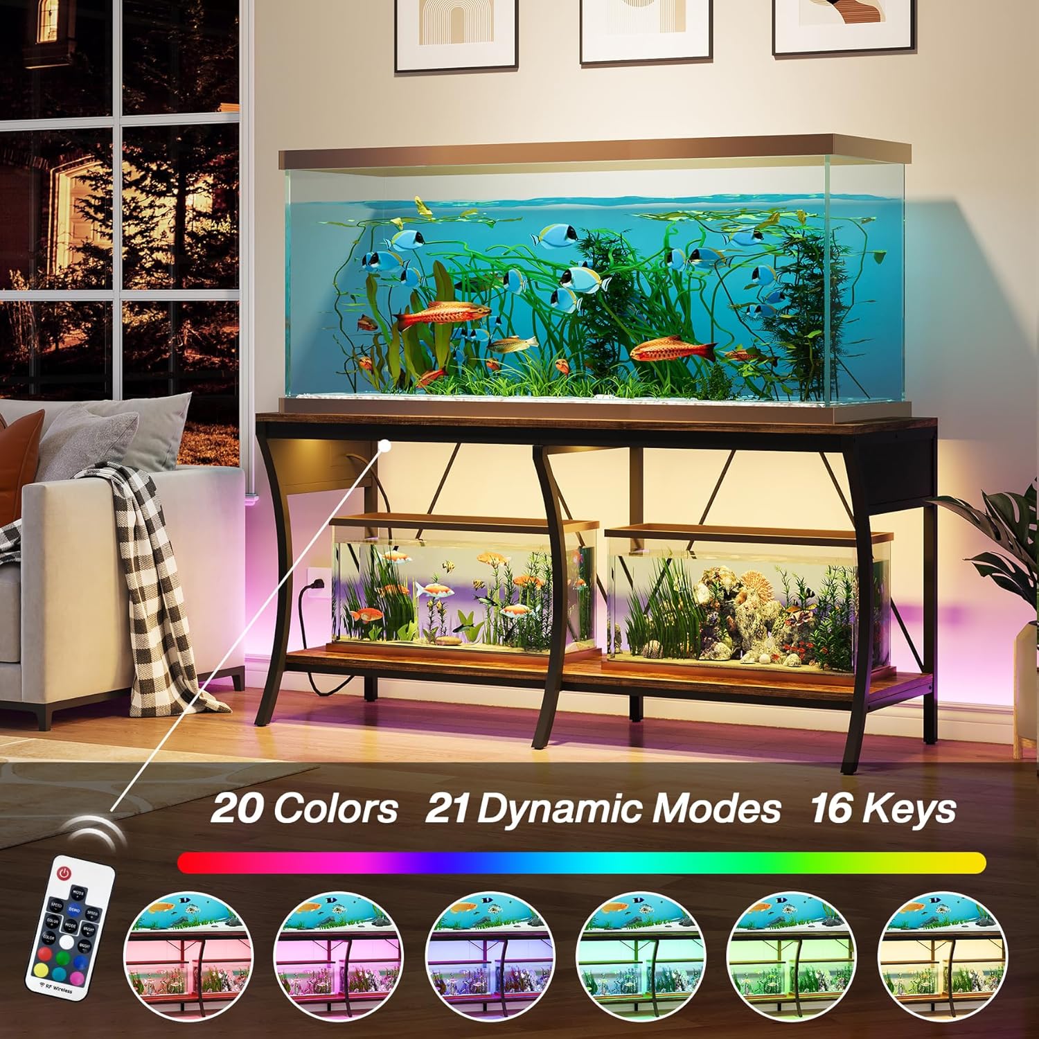 55-90 Gallon Fish Tank Stand with Power Outlets, 2-Tier Aquarium Stand with LED Light Strip & Open Storage Shelves, Heavy Duty Metal Table for Reptile Tank, 1150 LBS Capacity