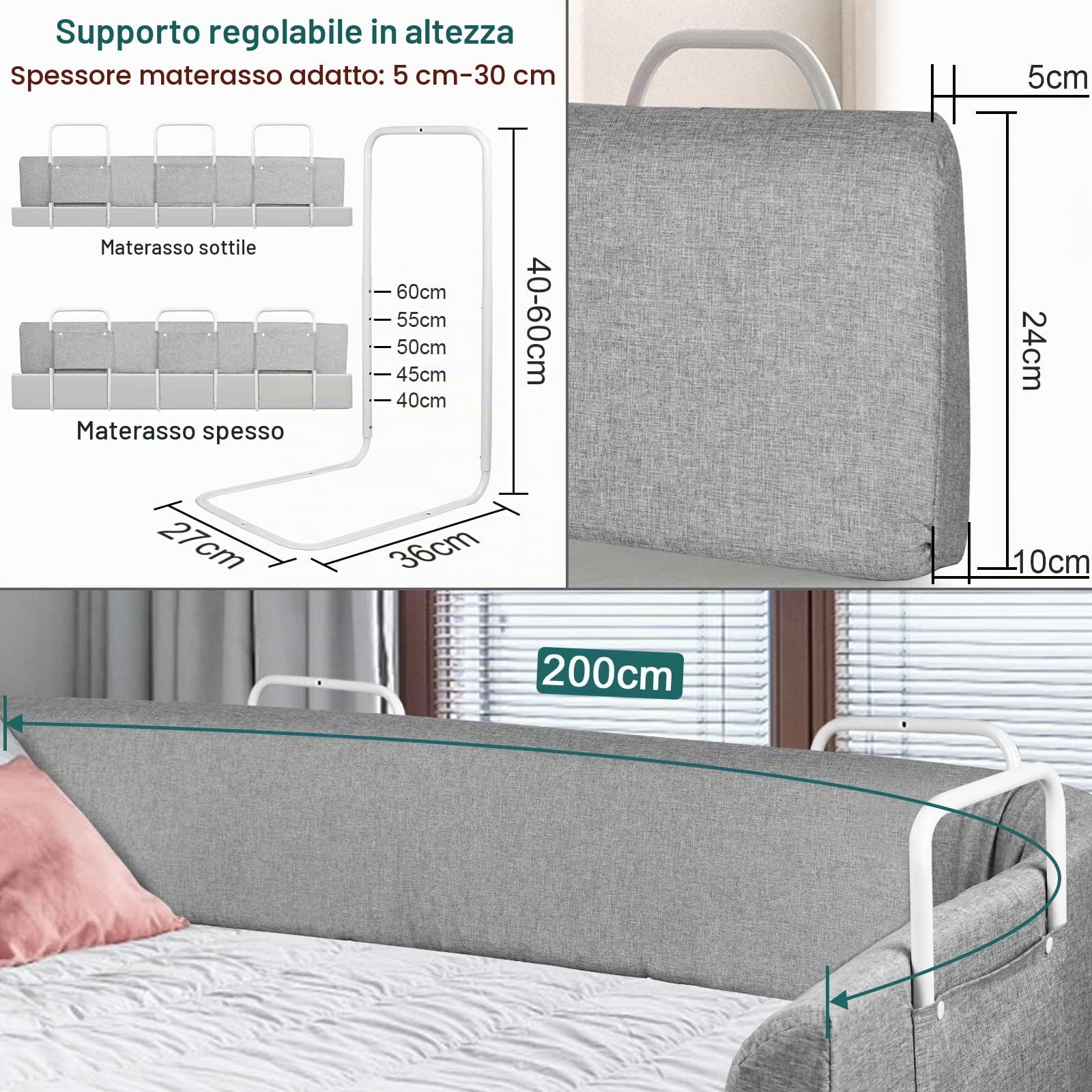 UISEBRT Barriera di sicurezza letto per Bambini, Sponda di Sicurezza bambino, protezione anticaduta per letto, regolabile in altezza, Anticaduta infantile, 200 cm
