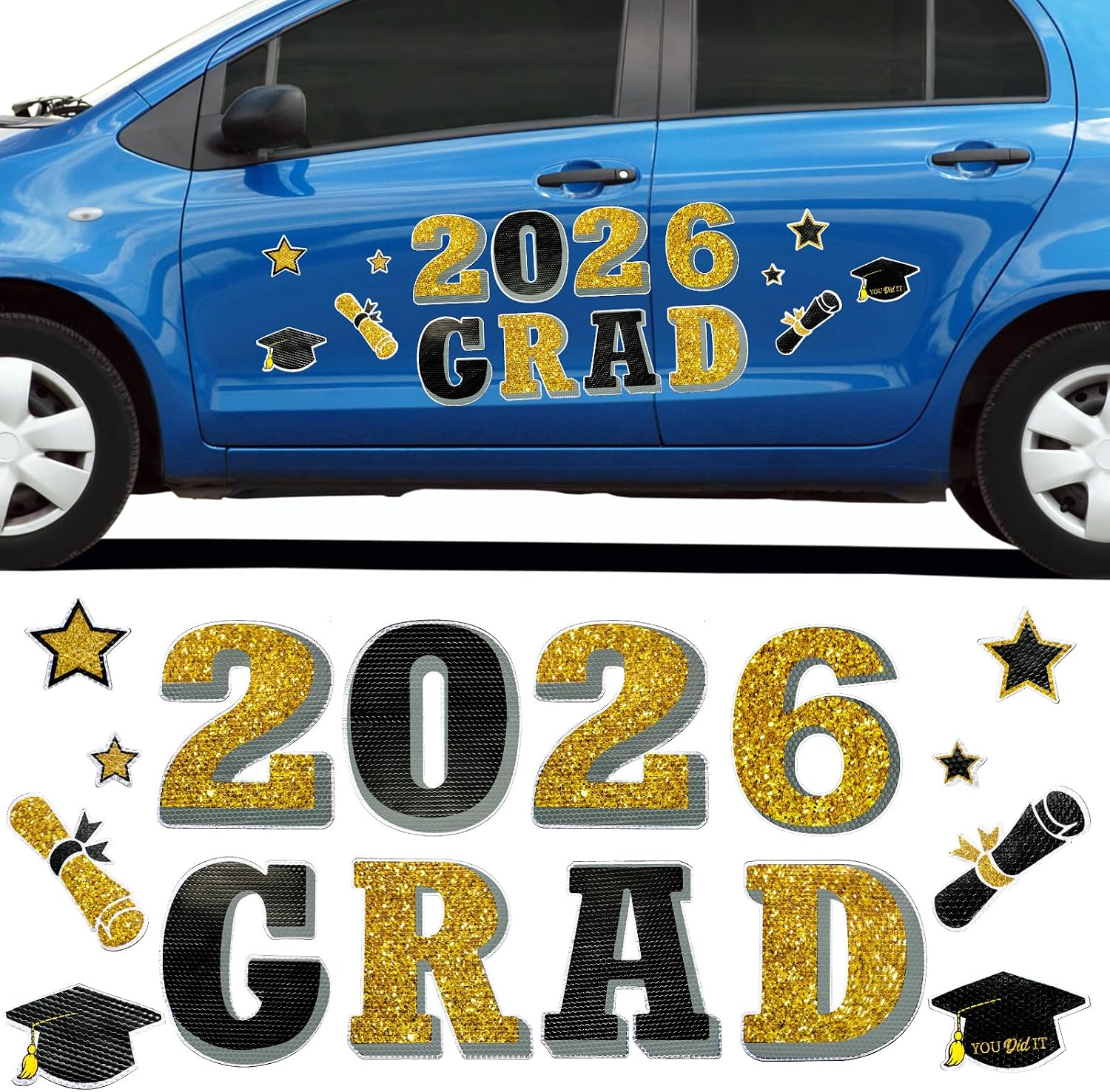 Tallew 16 Pieces 2026 Graduation Car Decorations Magnets 2026 Graduation Car Reflective Waterproof Decal Grad Cap Cartoon Magnetic Bumper Sticker for Cars and Metal Surface(Blue)