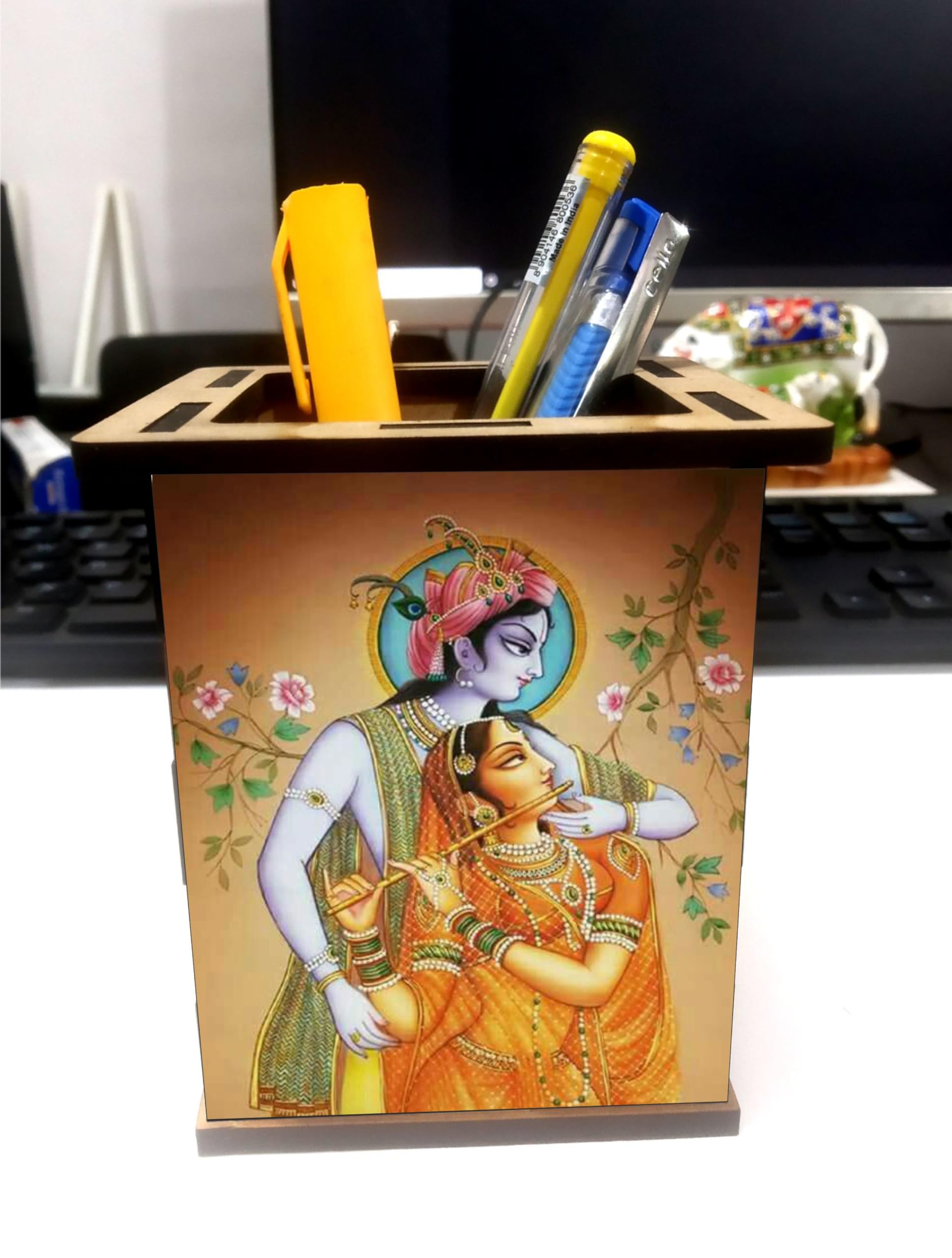 jwalpa Creation Wooden Pen Stand with Hand Painted photo Return Gift Office Stationery Pen Holder, Multicolor Desk Organizer Pen And Pencil Holder (Radha Krishna Pen stand)