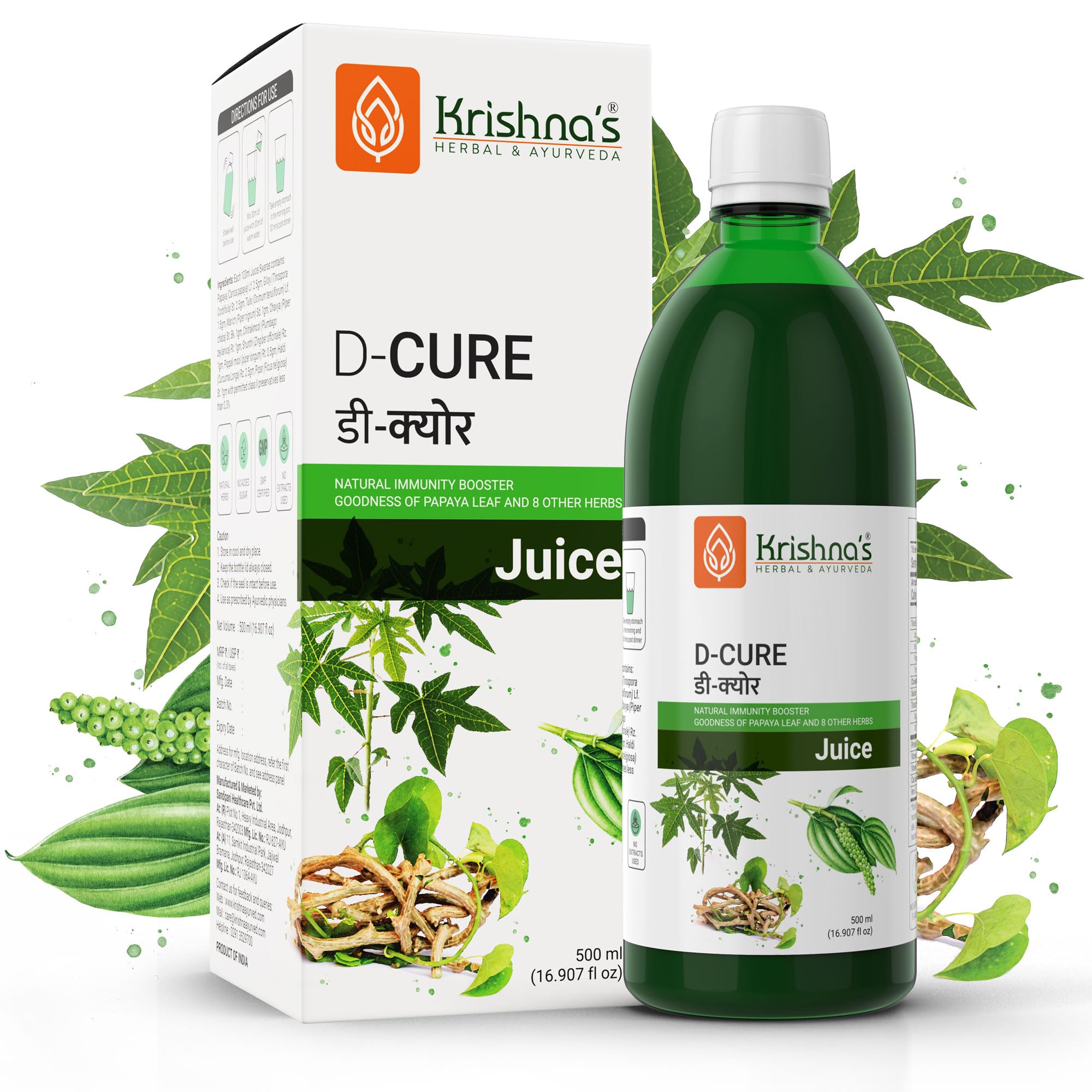 KRISHNA'S HERBAL & AYURVEDA D Cure Juice -500 Ml|Support For Blood Platelets Count|Papaya Leaf,Giloy,Tulsi,Pipar,Pipla Mool,Chavya,Chitrak,Sounth,Haldi|Detoxifies&Rejuvenates Body-image-48