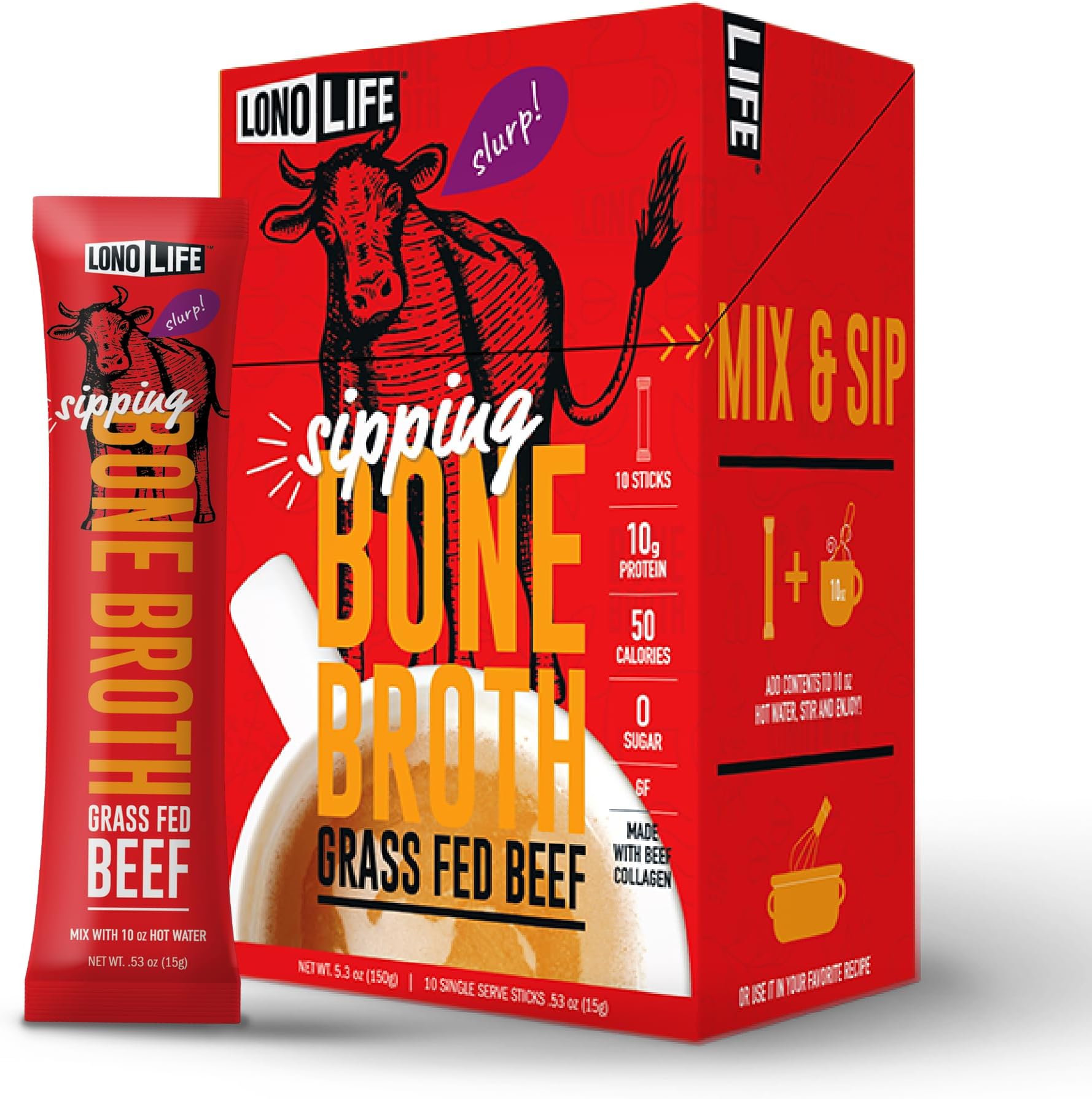 LonoLife Beef Bone Broth Powder Mix | Grass-Fed, 10g Protein | Collagen-Rich, Keto & Paleo Friendly | Natural Ingredients | 10 Portable Stick Pack Servings
