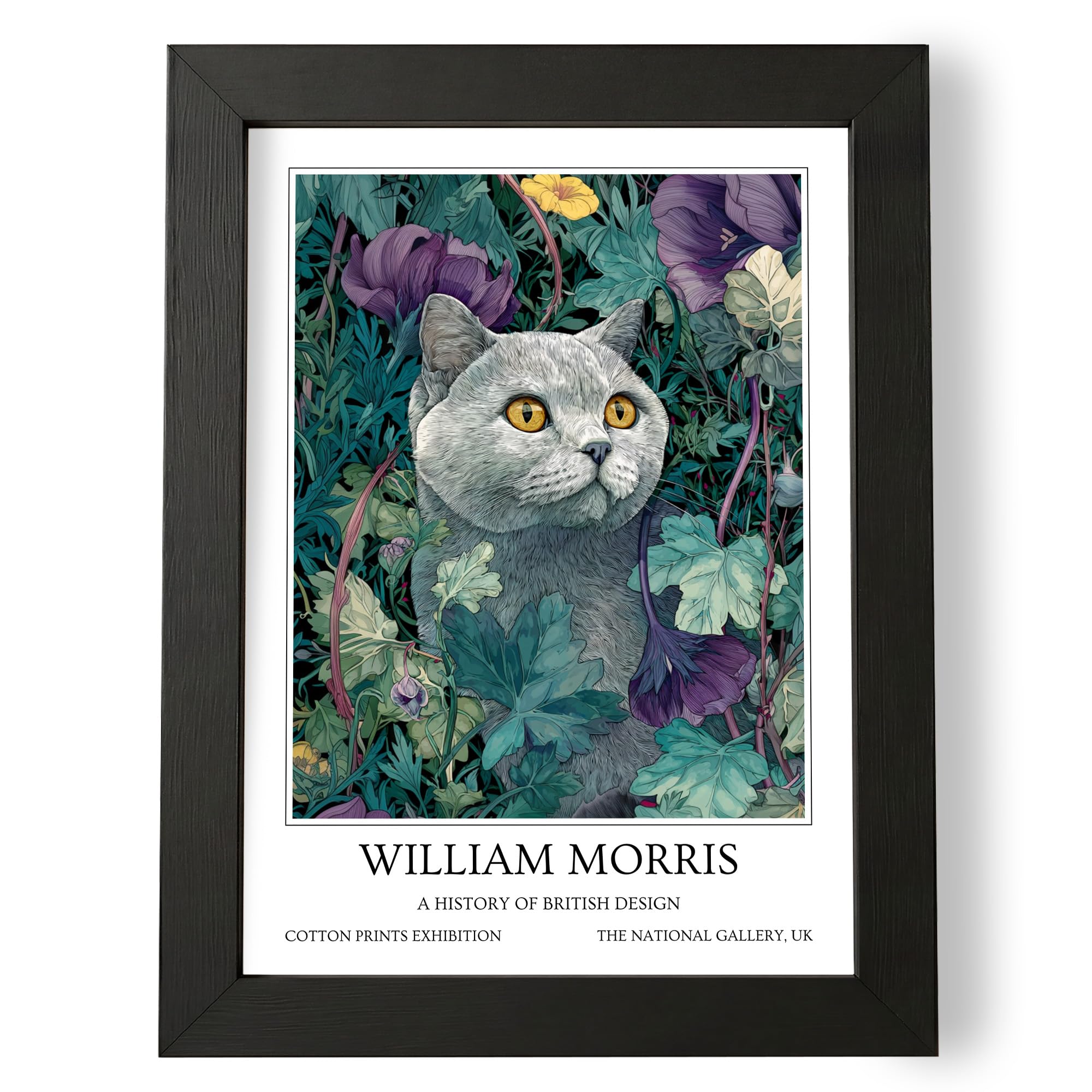 Fans Favourites William Morris - Cat Prints Vintage Art Noevua British Prints, Botanical Wall Art, A History of British Design Collection (Lilac British Short Hair, A3, Framed)