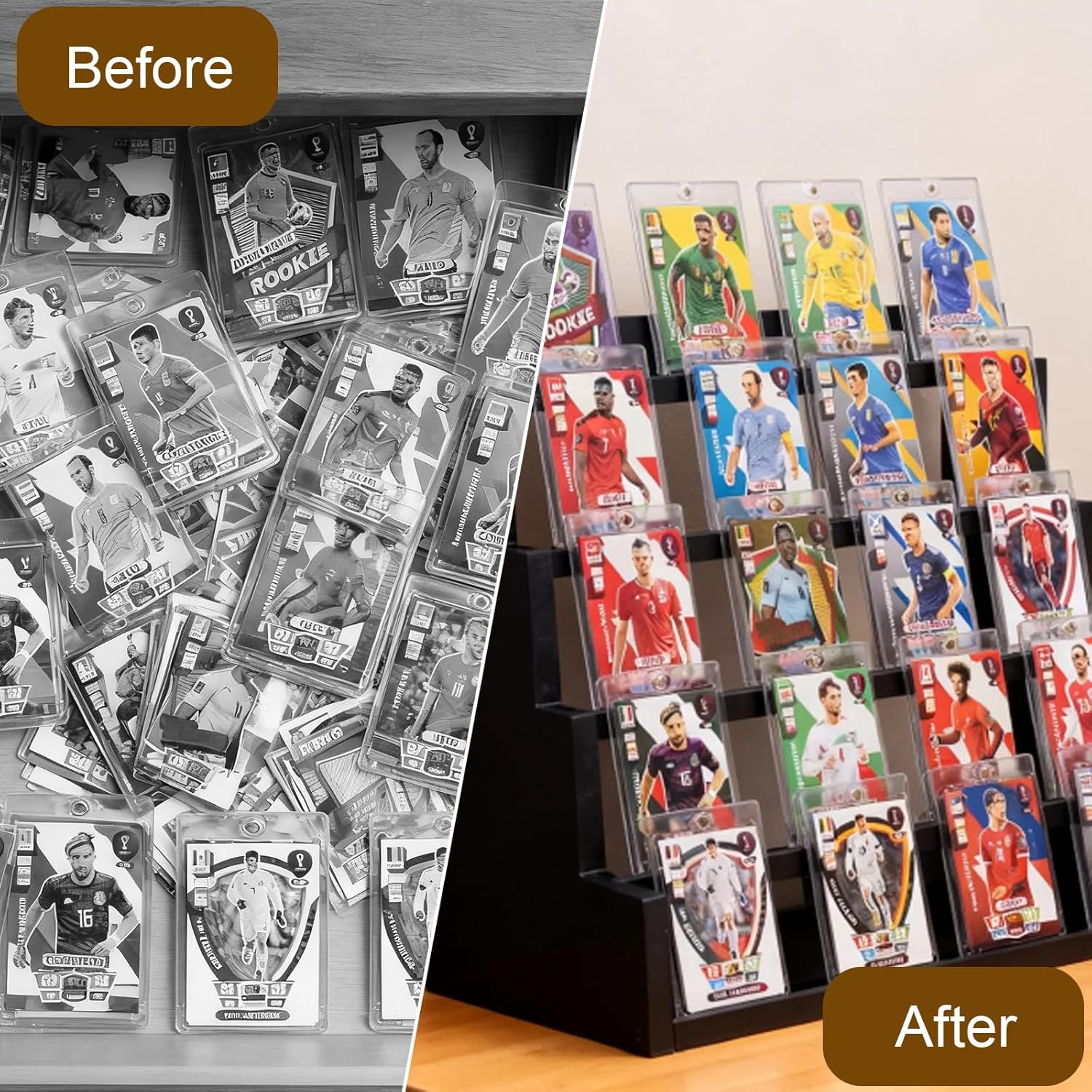 Card Display Stand，5-Tier Black Wooden Graded Card Display Rack，Wooden Trading Card Display，Desktop Showcase for Sports & Pokemon Cards