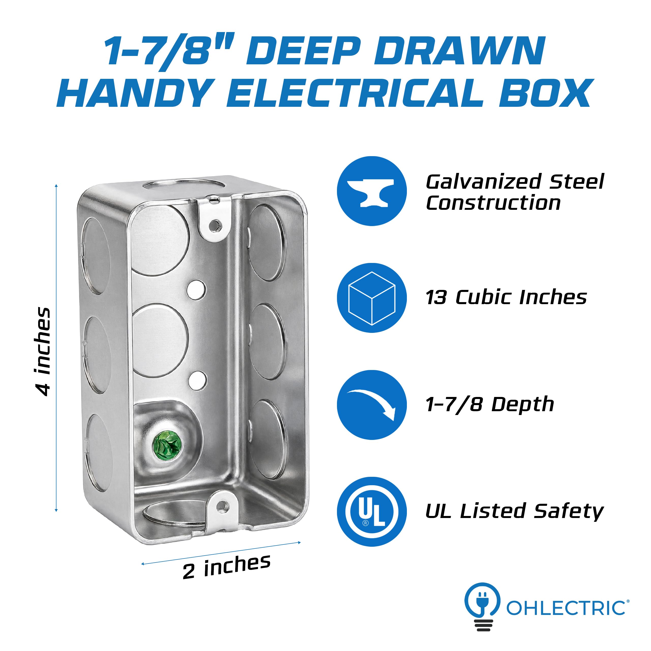 OHLECTRIC Lot de 10 boîtes de jonction électrique 4 x 2 en acier robuste avec boutons de dérivation de 26,7 cm, profondeur de 4,8 cm, 13 cu. in. Boîte électrique carrée galvanisée de qualité