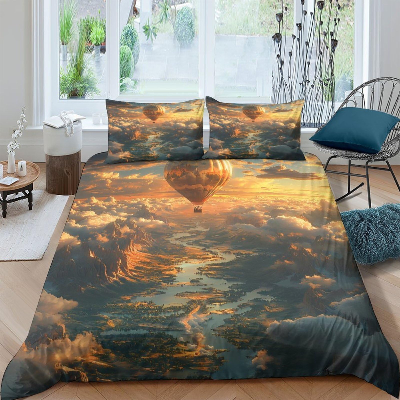 Ctjqhvkz Style-7 3D Printed Sunset Sky Fitted Sheet Microfiber Soft Breathable Hot Air Balloon Bed Cover Bedroom Decor Single（135X200cm）