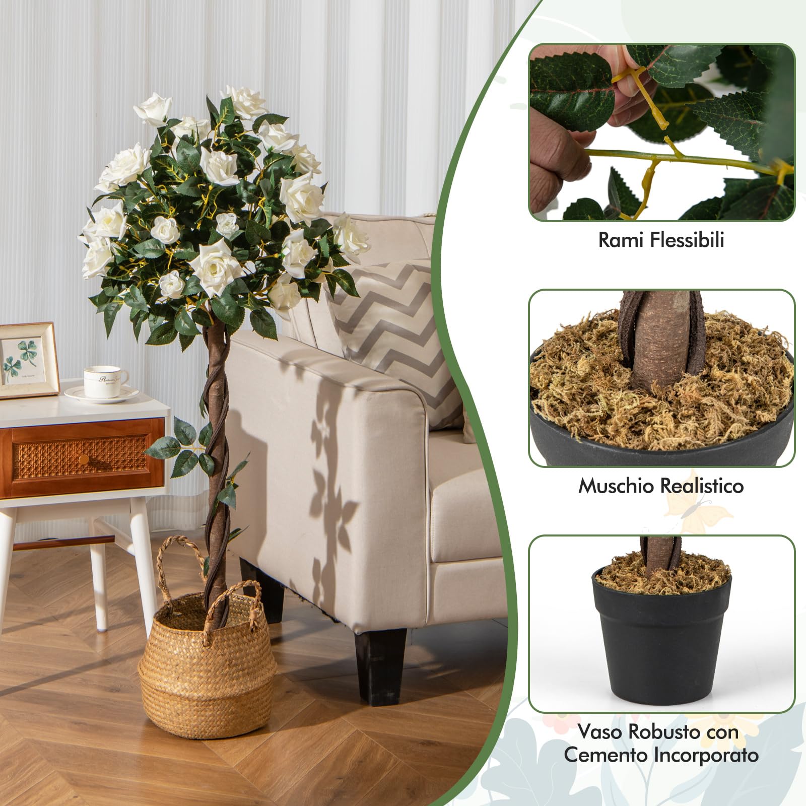 COSTWAY Pianta Floreale Finta 120 CM, Albero di Fiori Artificiali con Rose Bianche, Vaso da Vivaio, Pianta in Vaso da Interno per Decorazione Interna per Ufficio e Casa