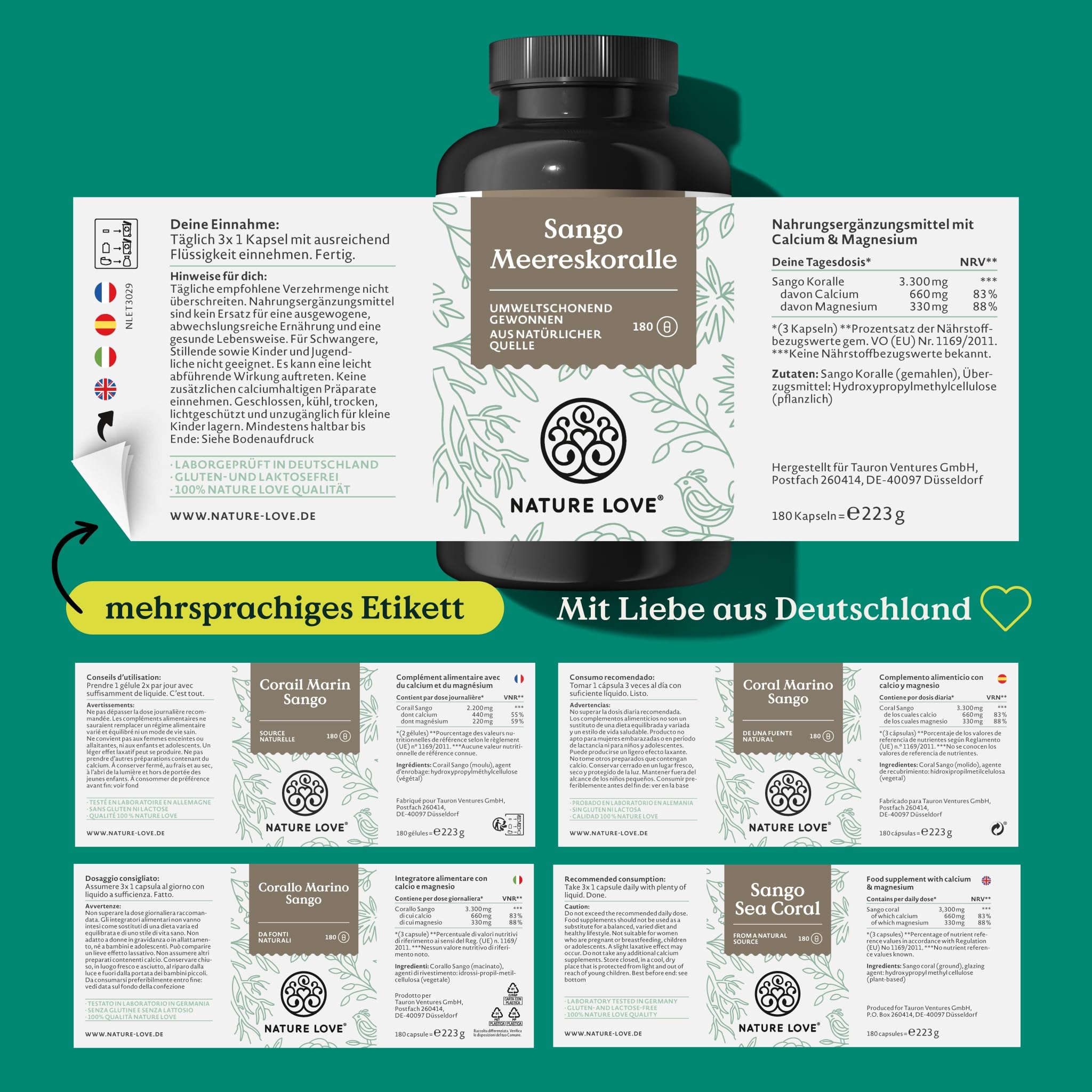 NATURE LOVE® Sango Meereskoralle - 180 Kapseln - Natürliche Quelle für Calcium (20%) und Magnesium (10%) im körpereigenen Verhältnis von 2:1 - laborgeprüft und in Deutschland produziert.