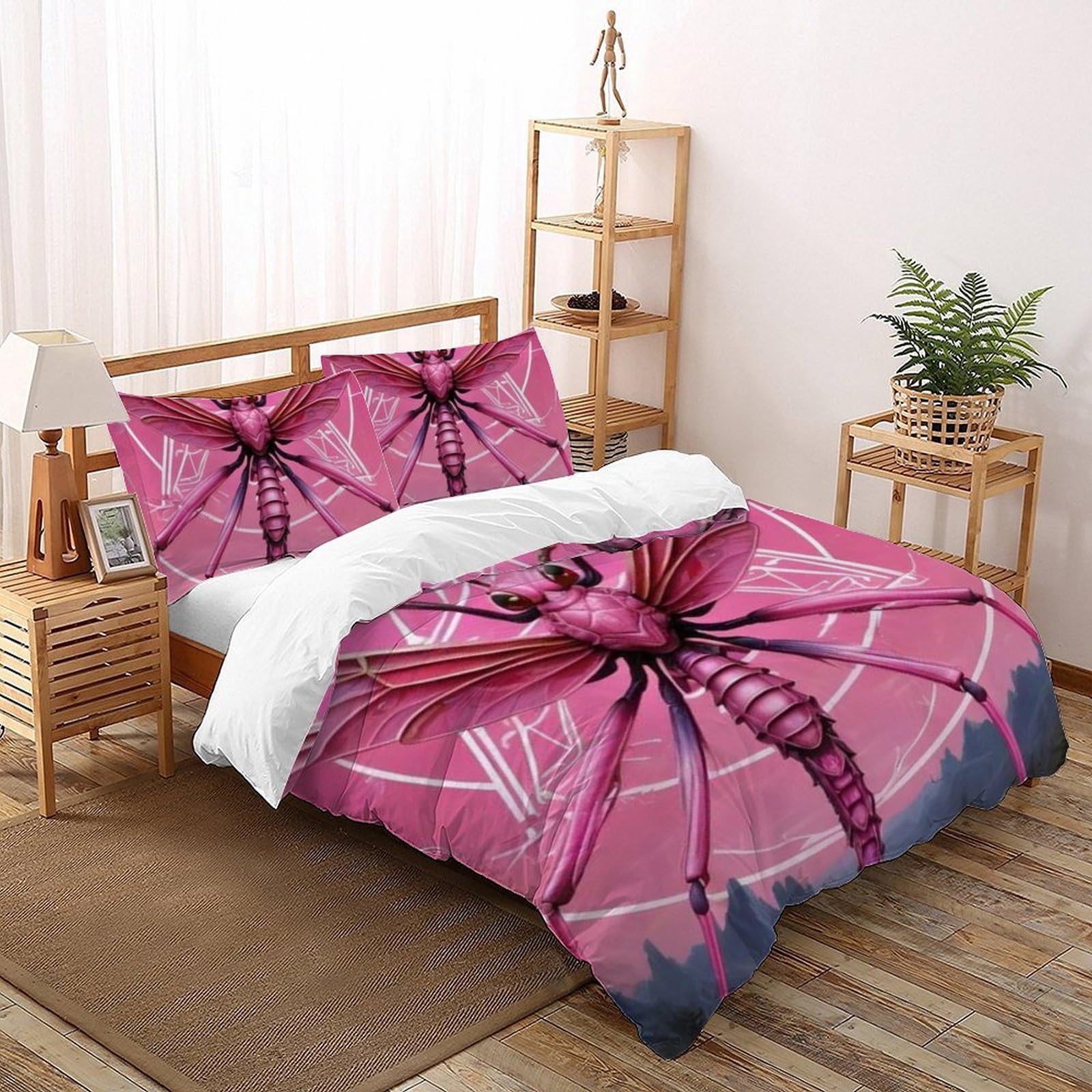 Housse de couette 200x200 libellule rose avec 2 taies d'oreiller