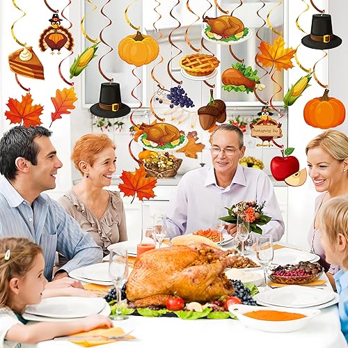 Miniatura 7 de Decoraciones de Acción de Gracias pre-encordadas de pavo, calabaza, hojas de arce, espirales colgantes de Acción de Gracias, serpentinas de techo