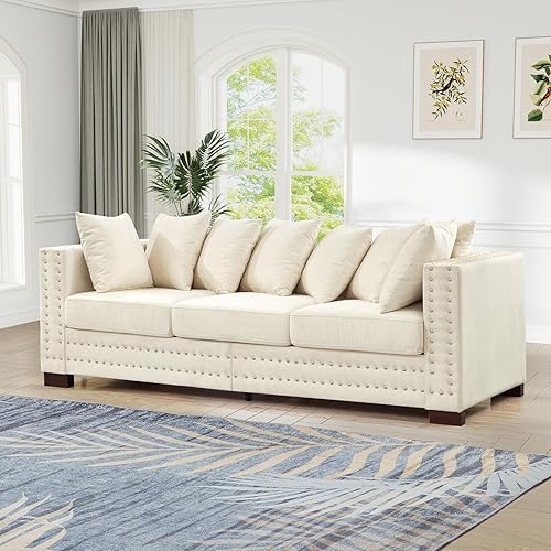 Miniatura 13 de Sofá moderno de mediados de siglo de 84.5 pulgadas de ancho con almacenamiento, sofá tapizado de terciopelo, sofá Chesterfield de asiento profundo