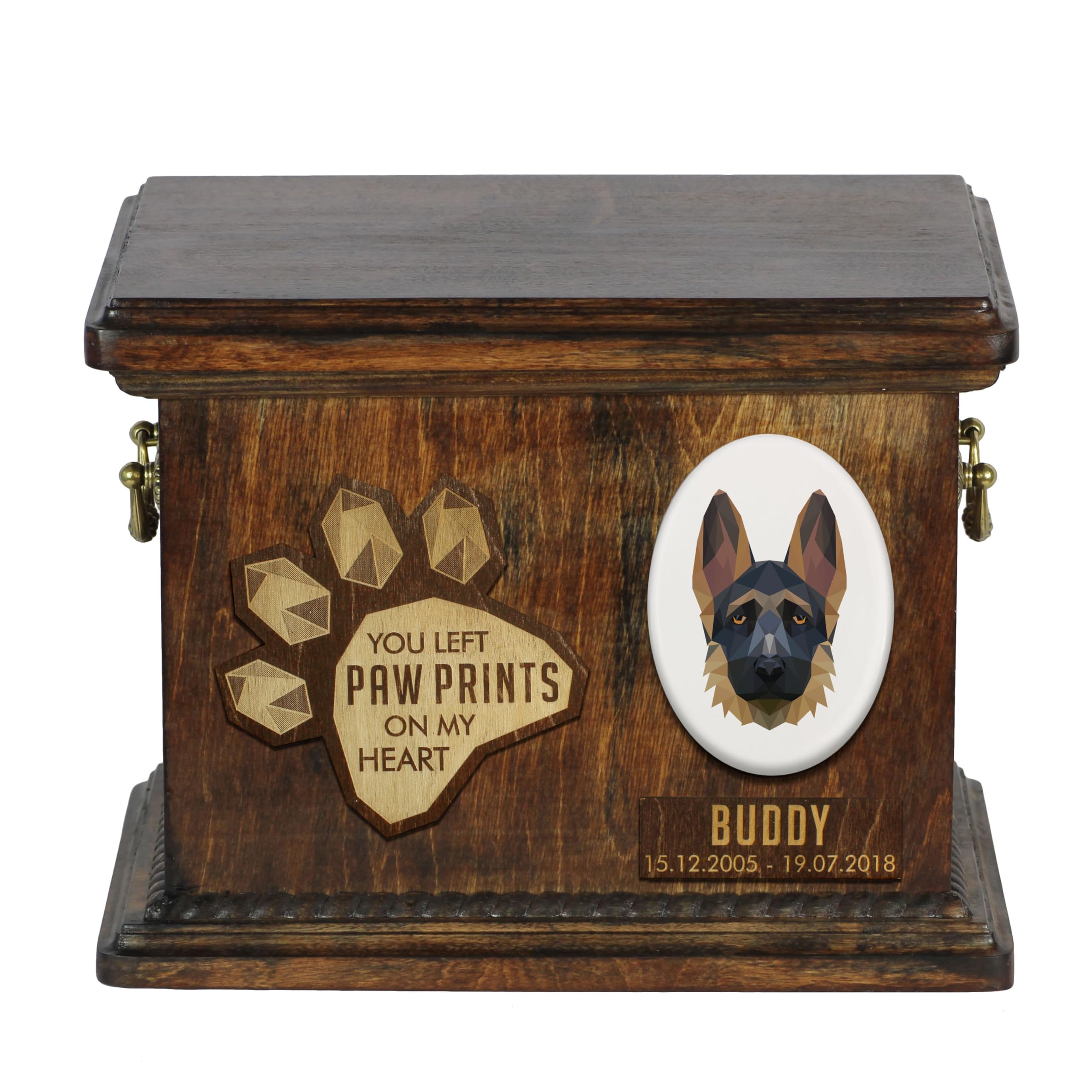 Urne pour cendres de chien Berger Allemand en bois souvenir géométrique unique