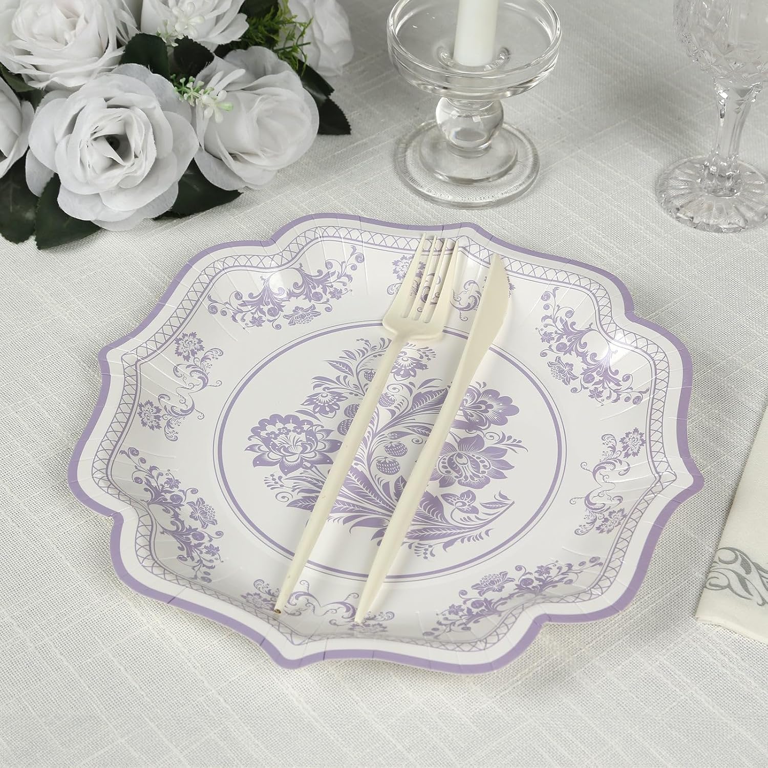 Efavormart 25-Pack 8" White and Lavender Damask Floral Paper Dessert Plates, 300 GSM Heavy Duty Scalloped Rim Appetizer Plates for Tea Parties