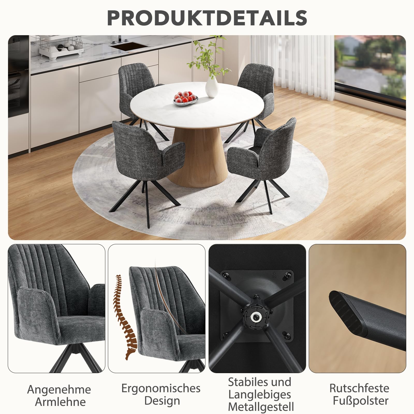 2er Set Esszimmerstühle Drehbar mit Armlehne, 360°Drehbar Polsterstuhl Küchenstuhl aus Chenille, Stühle Esszimmer Schminkstuhl Drehstuhl mit Metallbeine für Esszimmer Schlafzimmer, Dunkelgrau