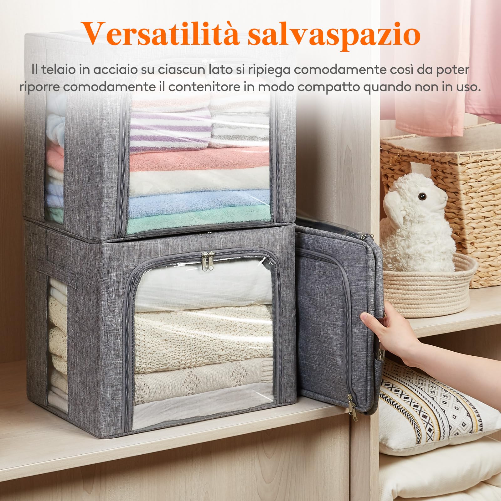 Lifewit Scatole per Armadio Rigide con Cerniera, Contenitori per Armadio Salvaspazio, Scatole Vestiti Cambio Stagione con Struttura in Metallo Pieghevole, Grigio, 40 L, 2 Pezzi