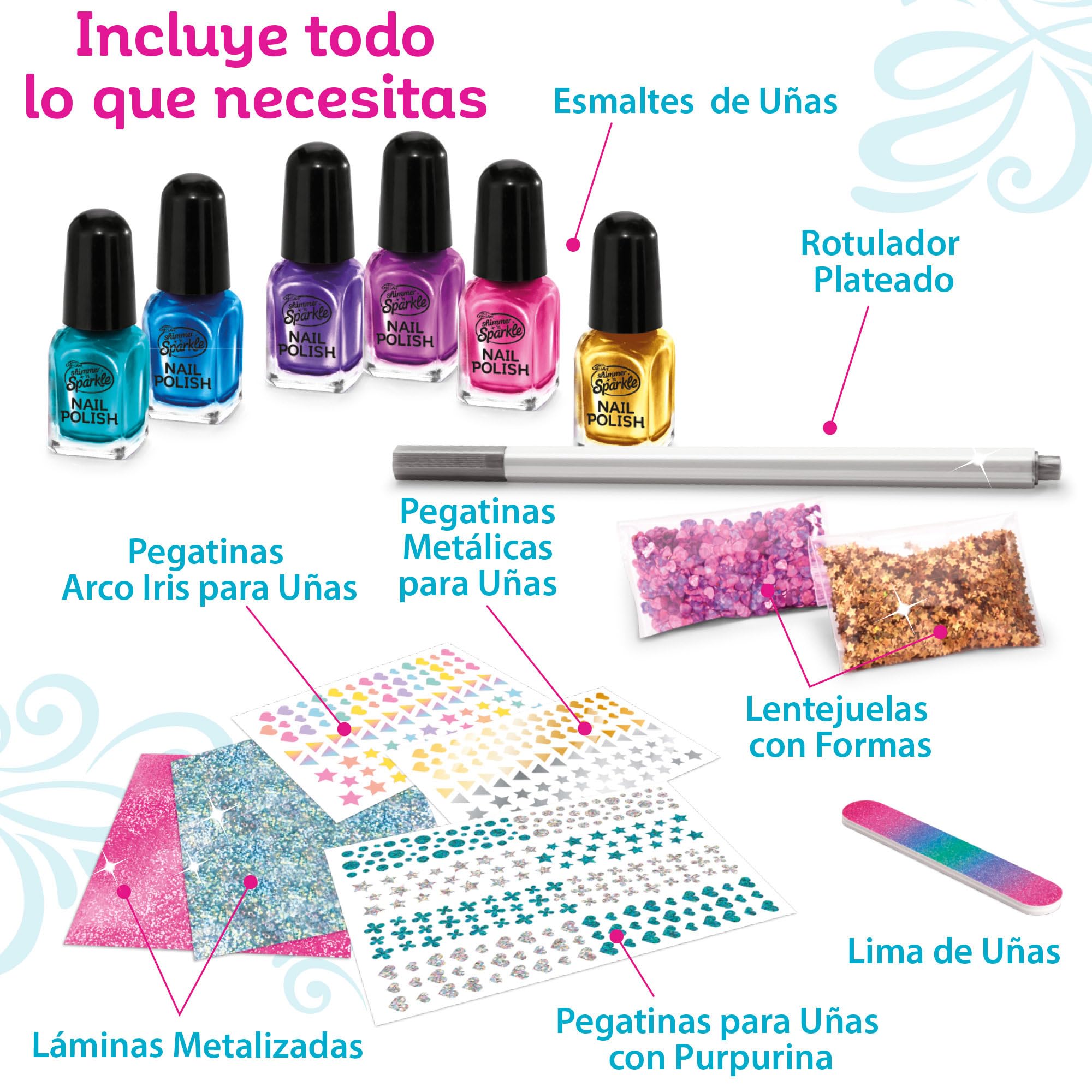 COLORBABY Zestaw lakierów do paznokci Shimmer N Sparkle, zawiera 6 lakierów, 2 woreczki z cekinami, 2 arkusze naklejek, pilnik i metaliczny marker, zabawki dla dziewcząt, manicure (46918)