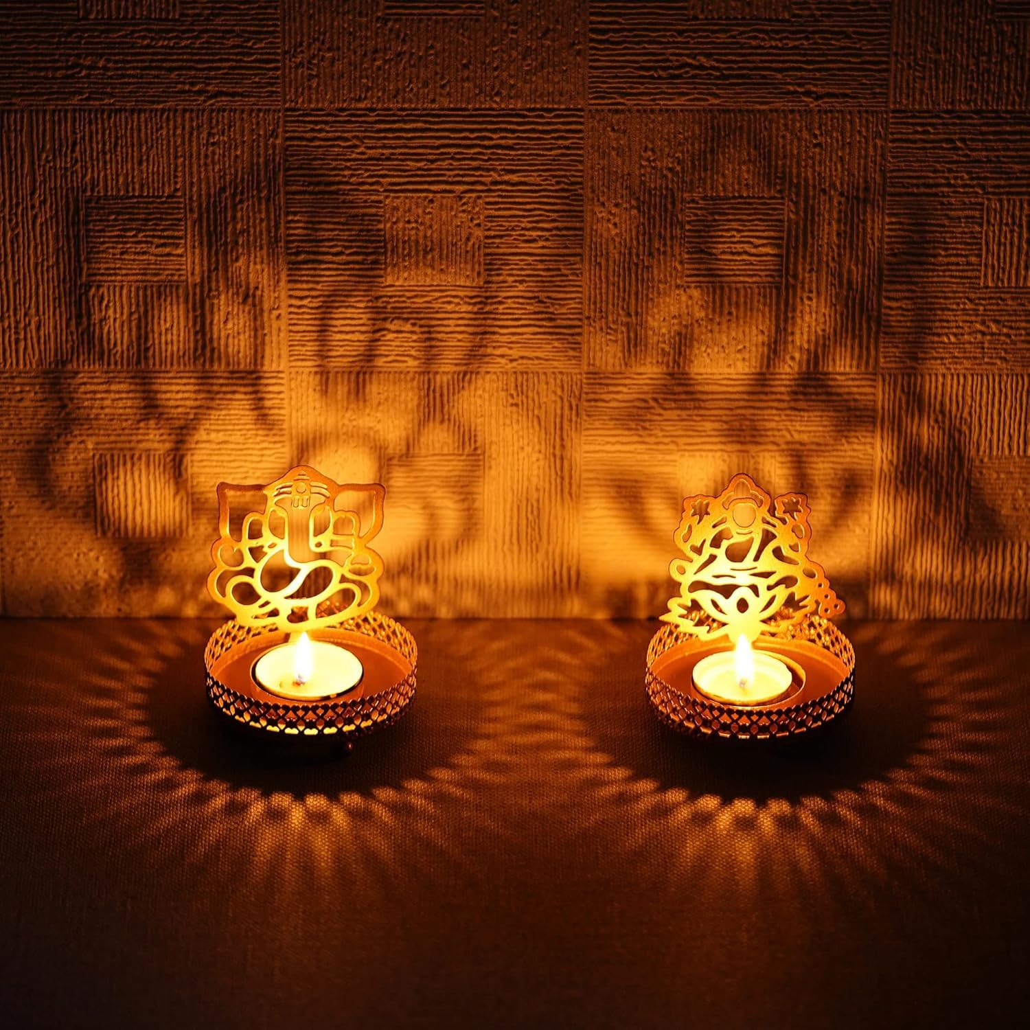 exciting Lives Lakshmi and Ganesha (Shubh Labh) Diwali Shadow Diya Vilakku Traditional Decoration Laxmi Ganesh Statue for Home/Office Religious Tea Light Candle Holder Stand Decoration Indian Gift