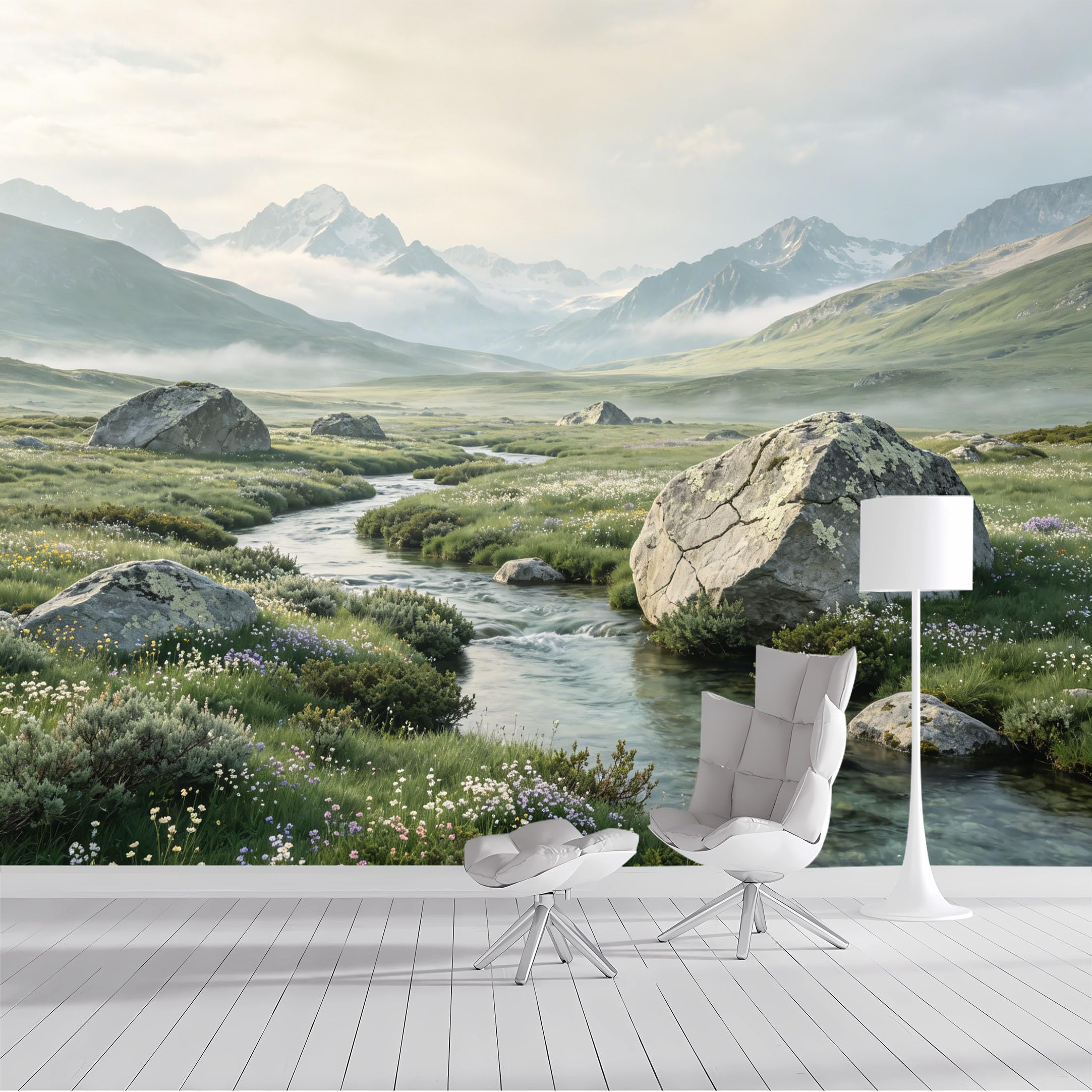 Custom Size Wall Mural Alpine Meadow River Rocky Landscape Misty Mountains Watercolor SelfAdhesive Wall Fabric Removable Peel and Stick Wallpaper Wall Decor for Living Room Bedroom Bathroom