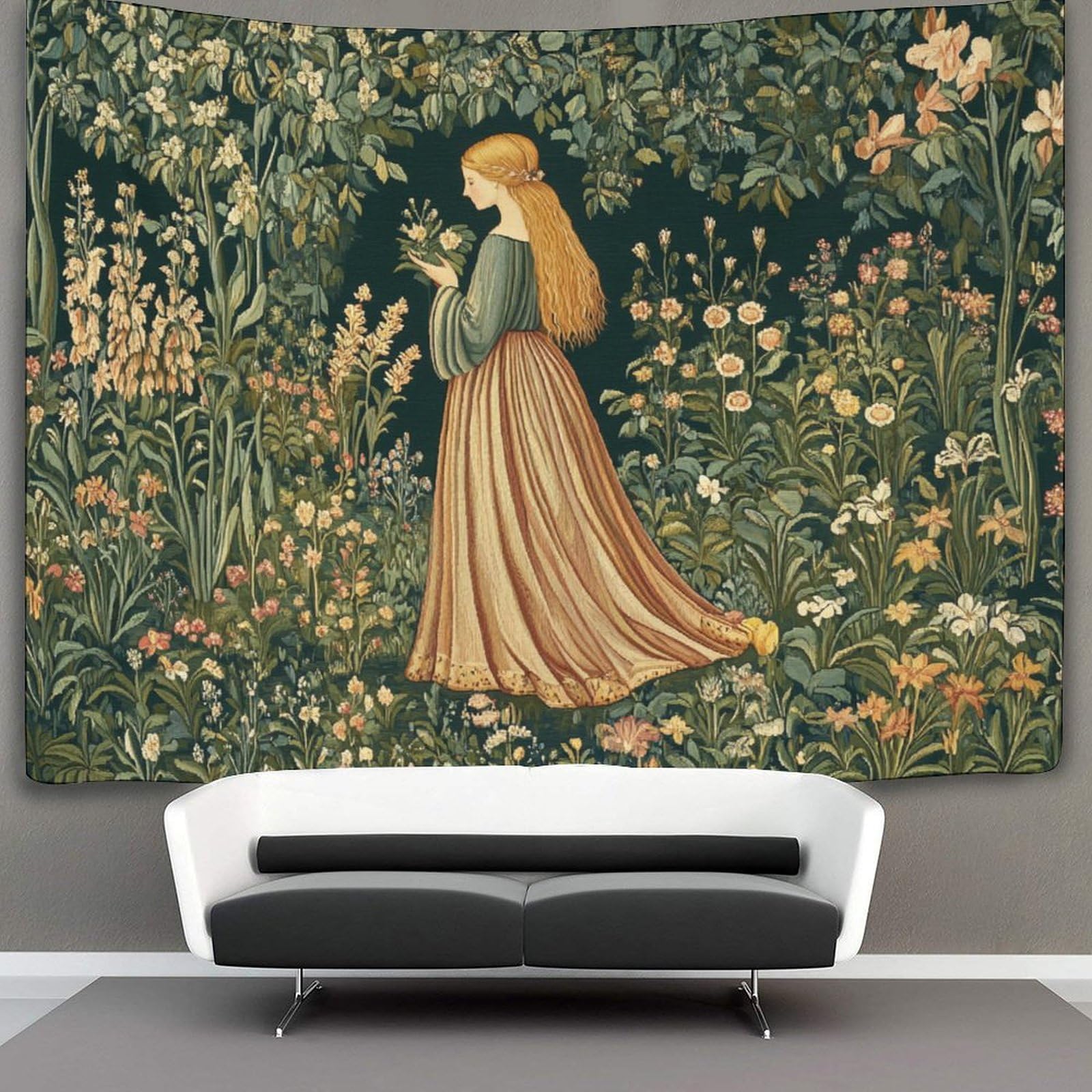 Kaiyun Style-8 130Cmx150cm Tapestry Medieval Woman Tapestries Dark Green Garden With Grass And Flowers 3D Printing Wall Hanging Home Decorations