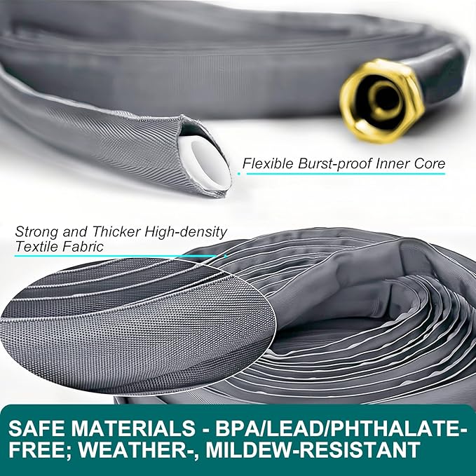 The 2024 Upgraded Non-Expanding Garden Hose 50ft is a flexible and ultra-light water hose designed for use in gardens and outdoor spaces. It is constructed with burst-resistant materials that ensure durability and longevity. The hose is also lead-free, making it safe for use with drinking water or for watering plants.