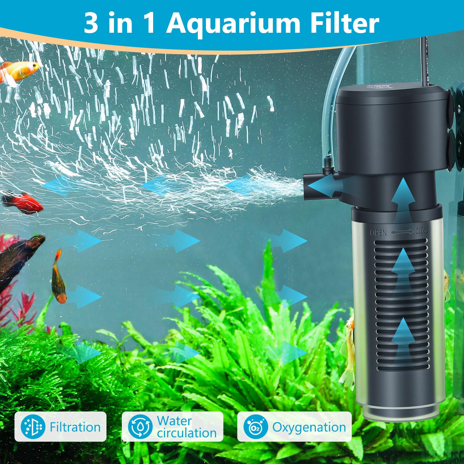 AQQA Aquariumfilter, 660 l/h, einstellbarer starker Durchfluss, Aquariumfilter, 6,5 W, leise Aquarium-Filterpumpe für Tanks bis zu 200 l