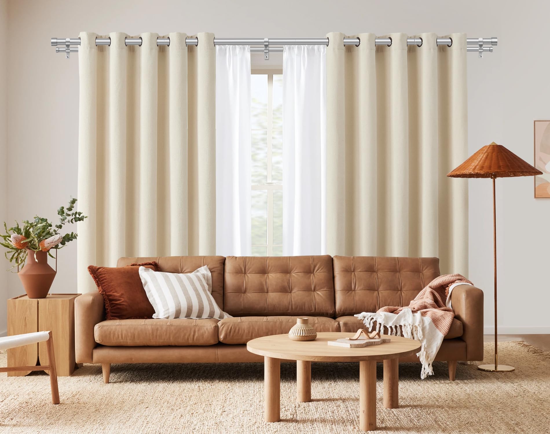 HOTOZON Barra de cortina de 2 vías, 80 – 218 cm, barra de cortina de doble caño plateado con topes clásicos, barras de cortina extensibles de 25 mm con soportes para salón, cocina, dormitorio