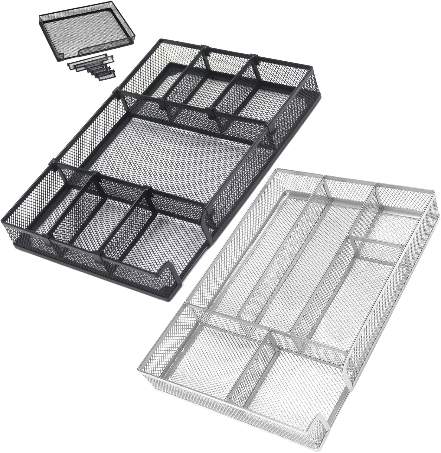 Desk Drawer Organizer Tray 2 Pack, 1-7 Grid Metal Mesh Drawer, Adjustable Office File Organizer, Desk Organizer Tray Storage for Office Home School Supply,12.6 * 8.6 * 1.8in, Black&Sliver