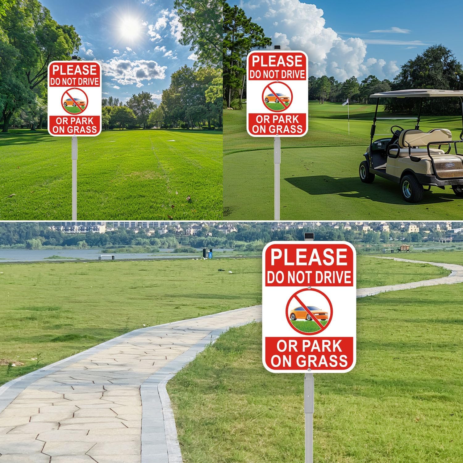 2-Pack No Parking on Grass Sign with 36" Metal Stakes, 10”x14” No Drive on Grass Rust-free Aluminum Yard Sign, Red/White