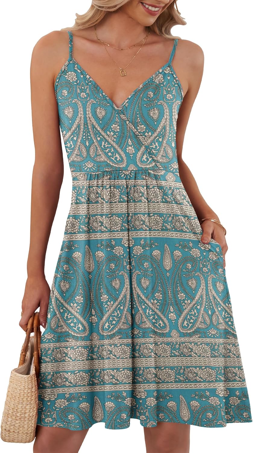 AUSELILY Zomerjurken voor Vrouwen UK V Hals Spaghetti Strap Casual Jurk Strand met Zakken Print groen 2XL