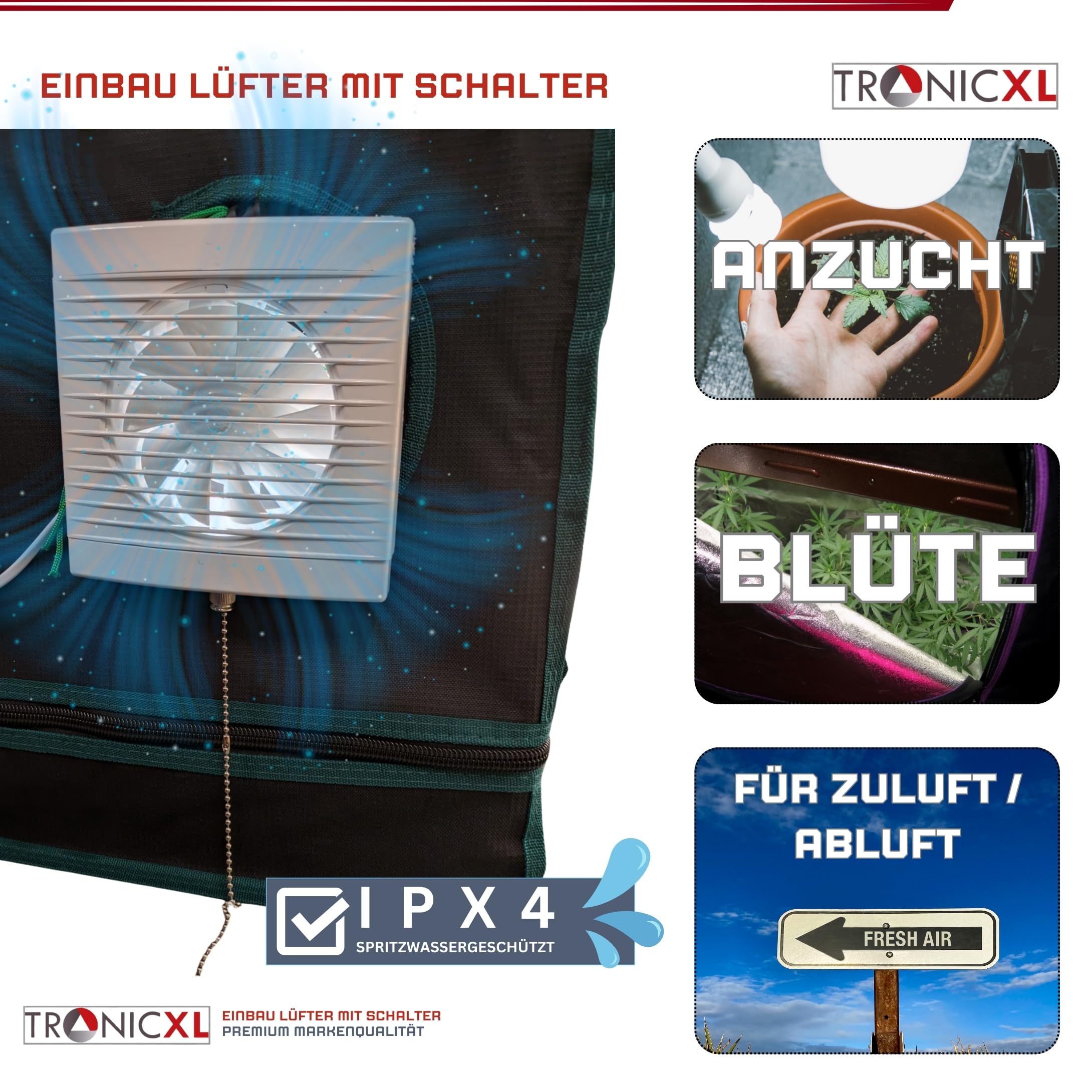 TronicXL IPX4 100mm Abluft/Zuluft Grow Lüfter Ventilator mit Netzstecker und Schalter für Homebox Growbox Growschrank Secret Jardin GrowPro DiamondBox Zelsius Mars Hydro etc.
