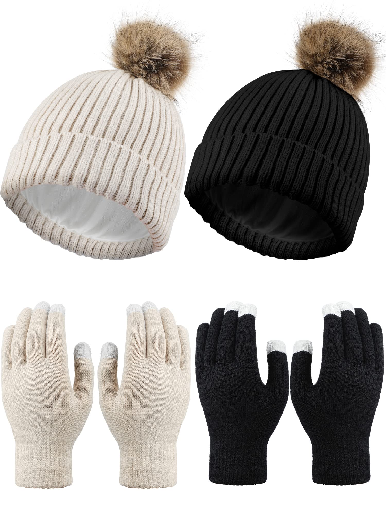 4 Pieces Womens Winter Satin Lined Knit Pom Beanie Hats  display picture 2