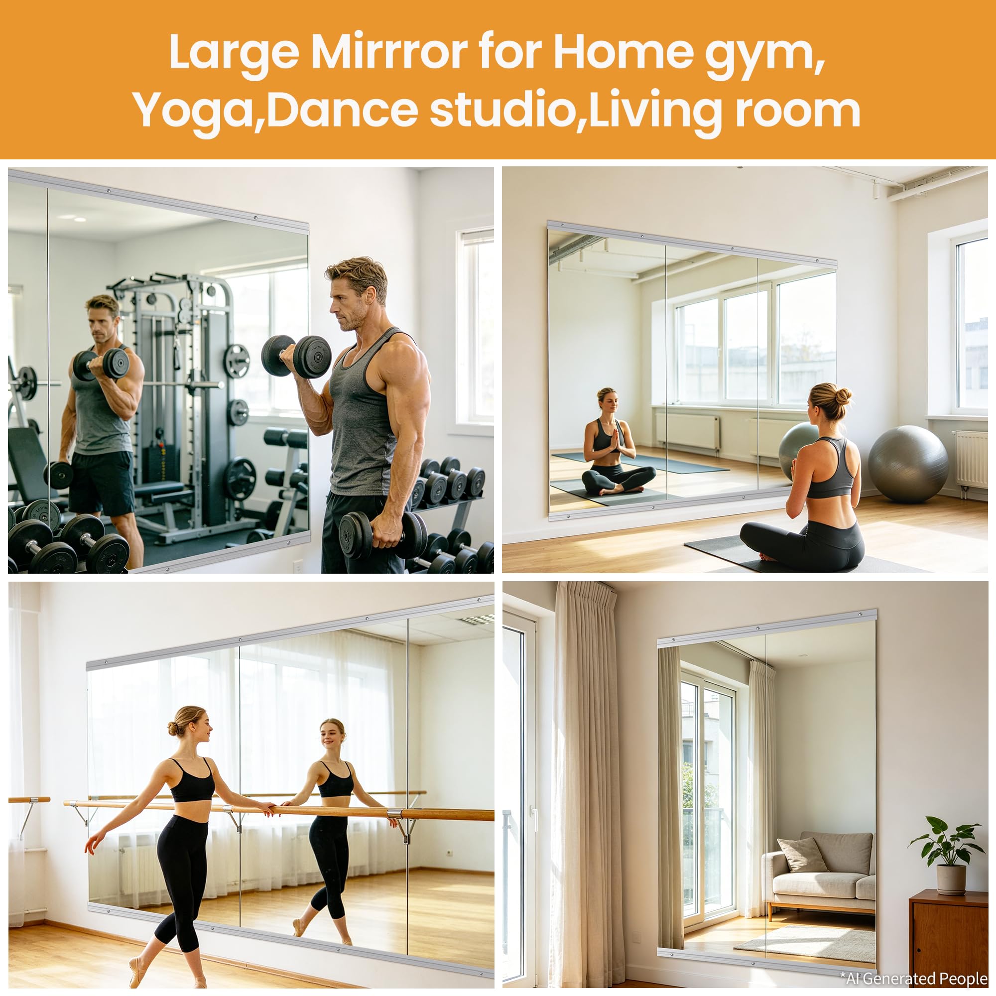 Paquete de 2 espejos grandes de 67 x 24 pulgadas, espejo de pared de vidrio templado sin marco para el hogar, yoga, baile, estudio, sala de estar